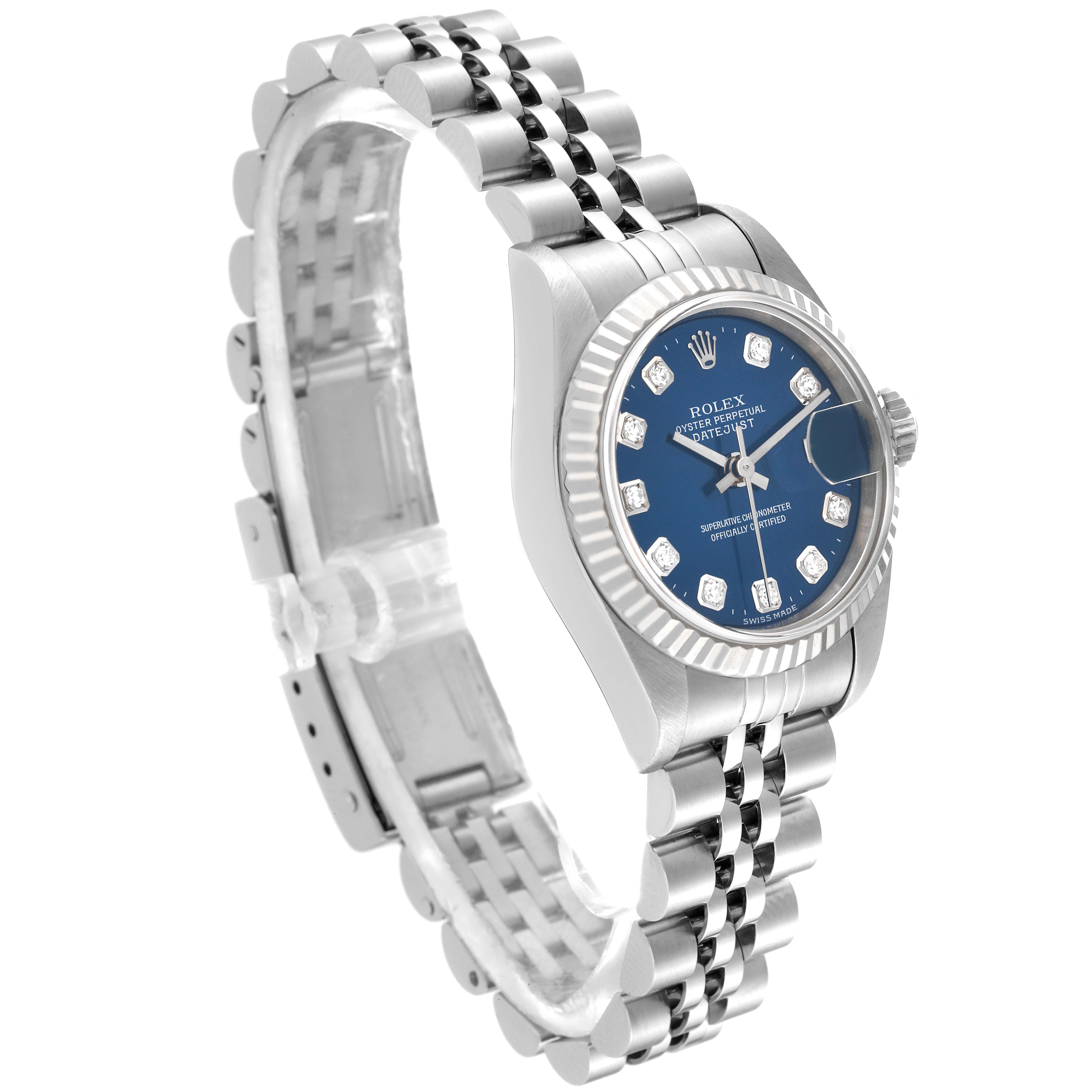 The image shows a Rolex Datejust 79174 Women's Stainless Steel Blue Dial 79174 Women's Stainless Steel Blue Dial watch angled from the top left, highlighting the dial, bezel, and bracelet.