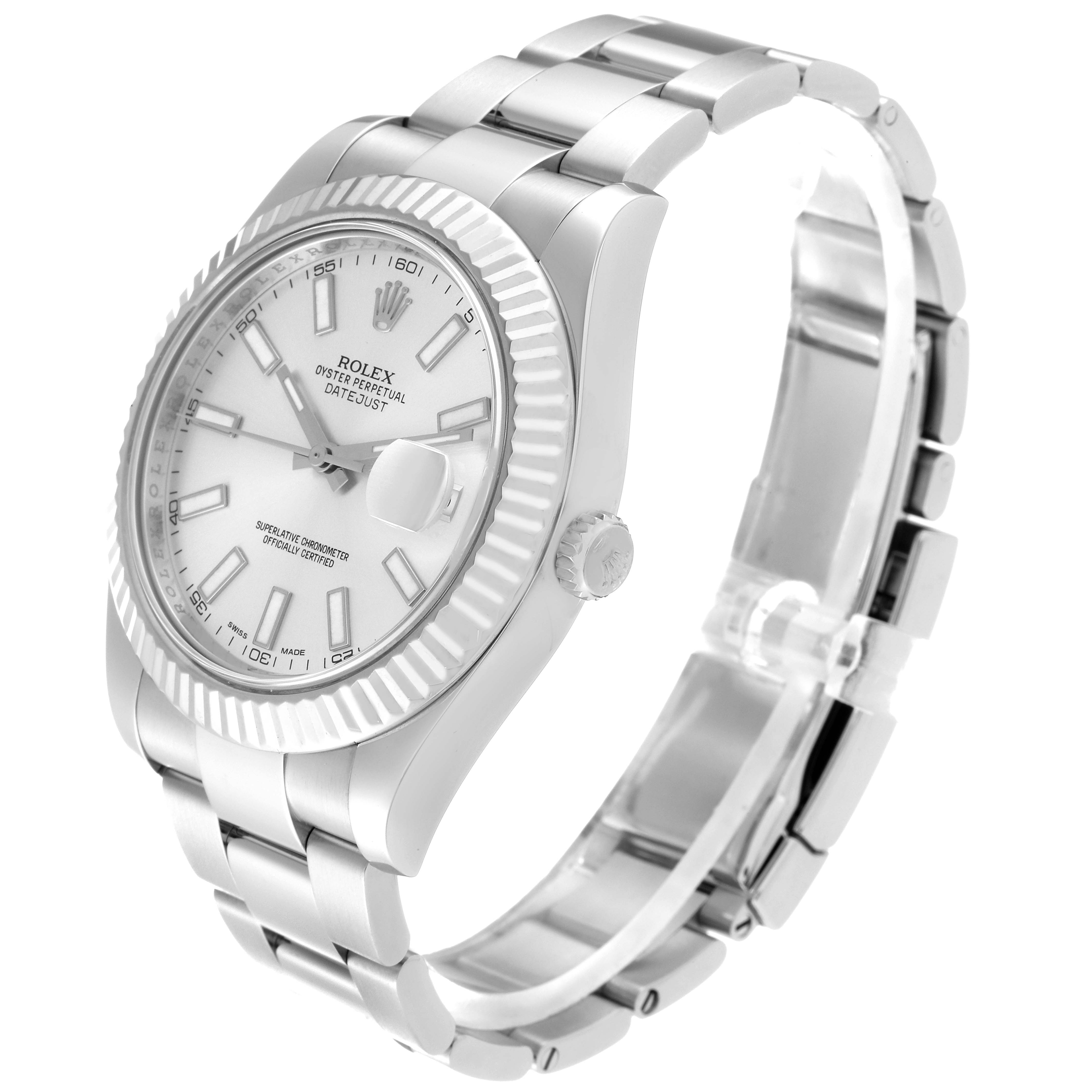 This image shows the Rolex Datejust 41 116334 Men
s Stainless Steel Silver Dial 116334 Men
s Stainless Steel Silver Dial timepiece at a three-quarter angle, highlighting the face, bracelet, bezel, and crown.