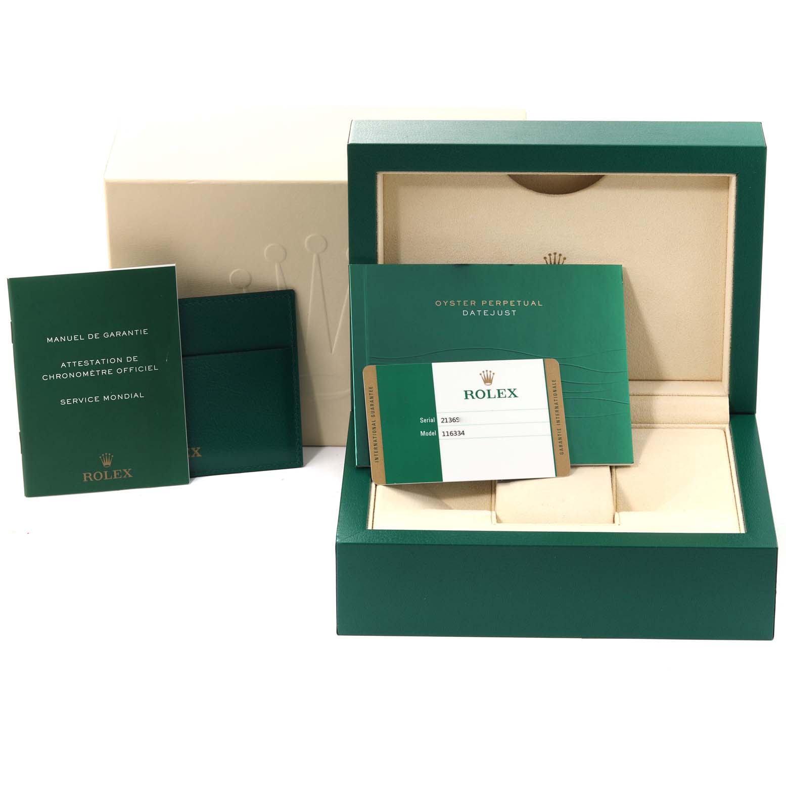 The image shows the packaging and documents for the Rolex Datejust 41 116334 Men
s Stainless Steel Silver Dial 116334 Men
s Stainless Steel Silver Dial, including the box, warranty card, and manuals.