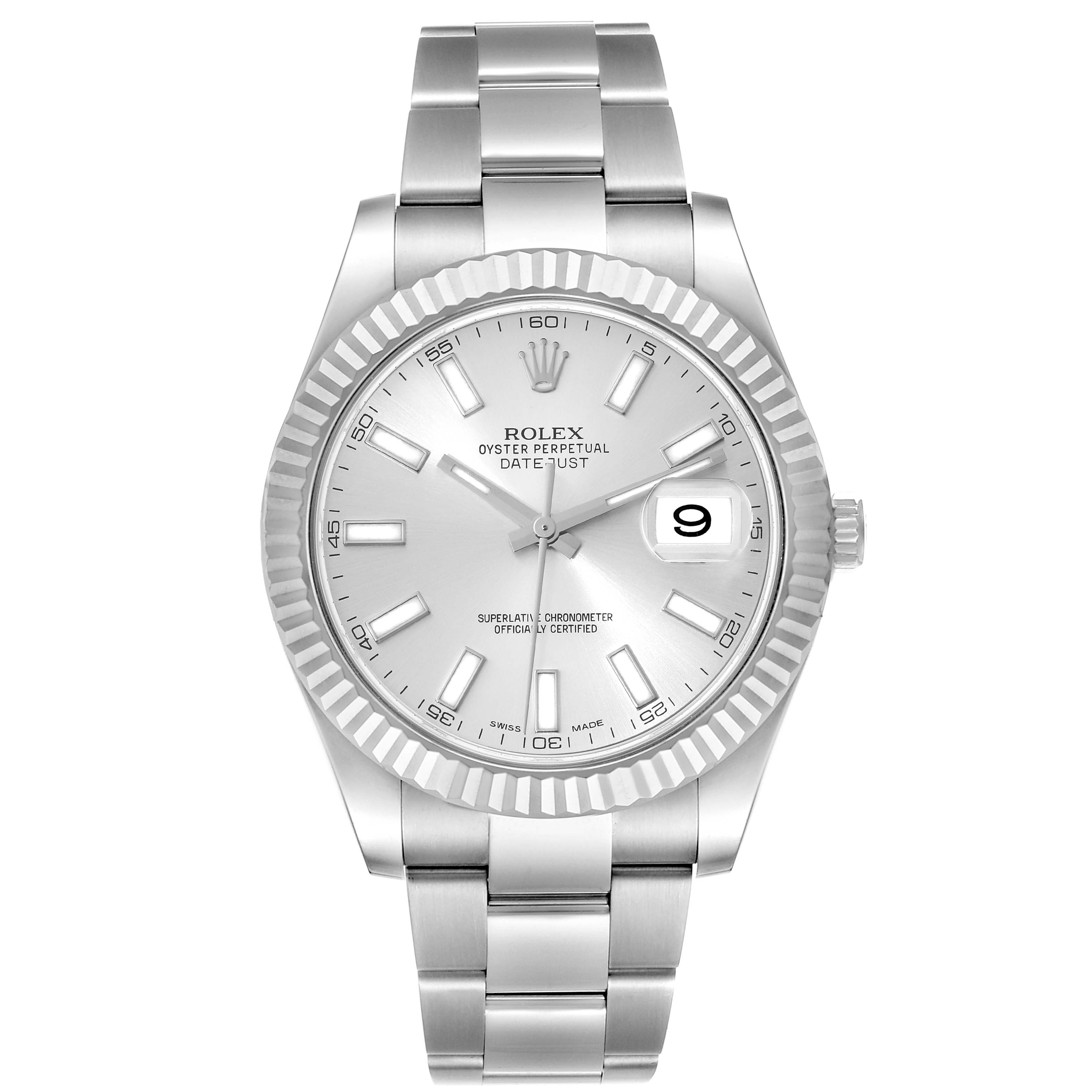 This Rolex Datejust 41 116334 Men
s Stainless Steel Silver Dial 116334 Men
s Stainless Steel Silver Dial watch is shown from a straight-on angle, displaying the face, hour markers, hands, date window, and bracelet.