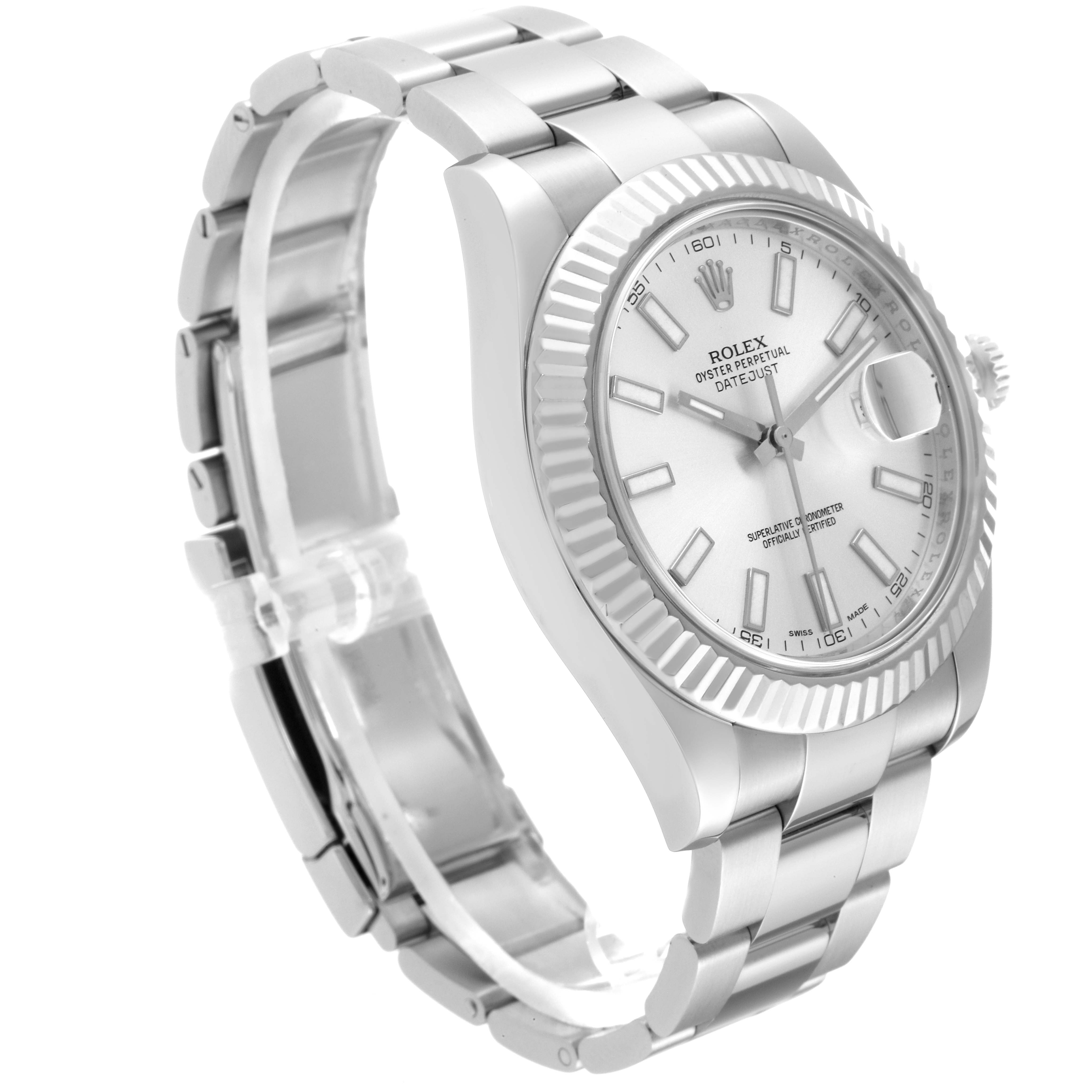 The image shows a Rolex Datejust 41 116334 Men
s Stainless Steel Silver Dial 116334 Men
s Stainless Steel Silver Dial watch at a three-quarter angle, highlighting the bracelet, bezel, and dial.