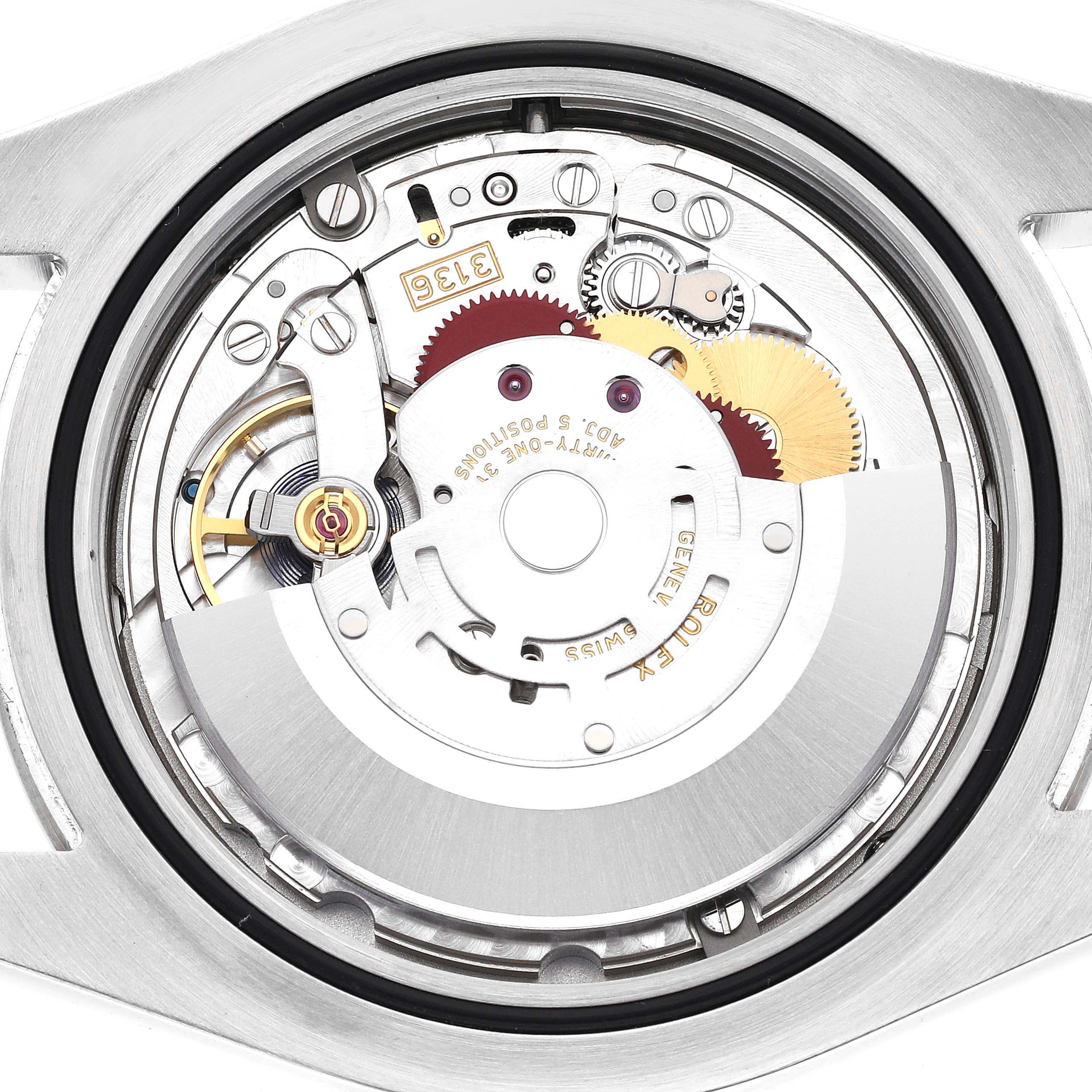 The image shows the internal mechanism of the Rolex Datejust 41 116334 Men
s Stainless Steel Silver Dial 116334 Men
s Stainless Steel Silver Dial watch from a rear angle, revealing its intricate components.