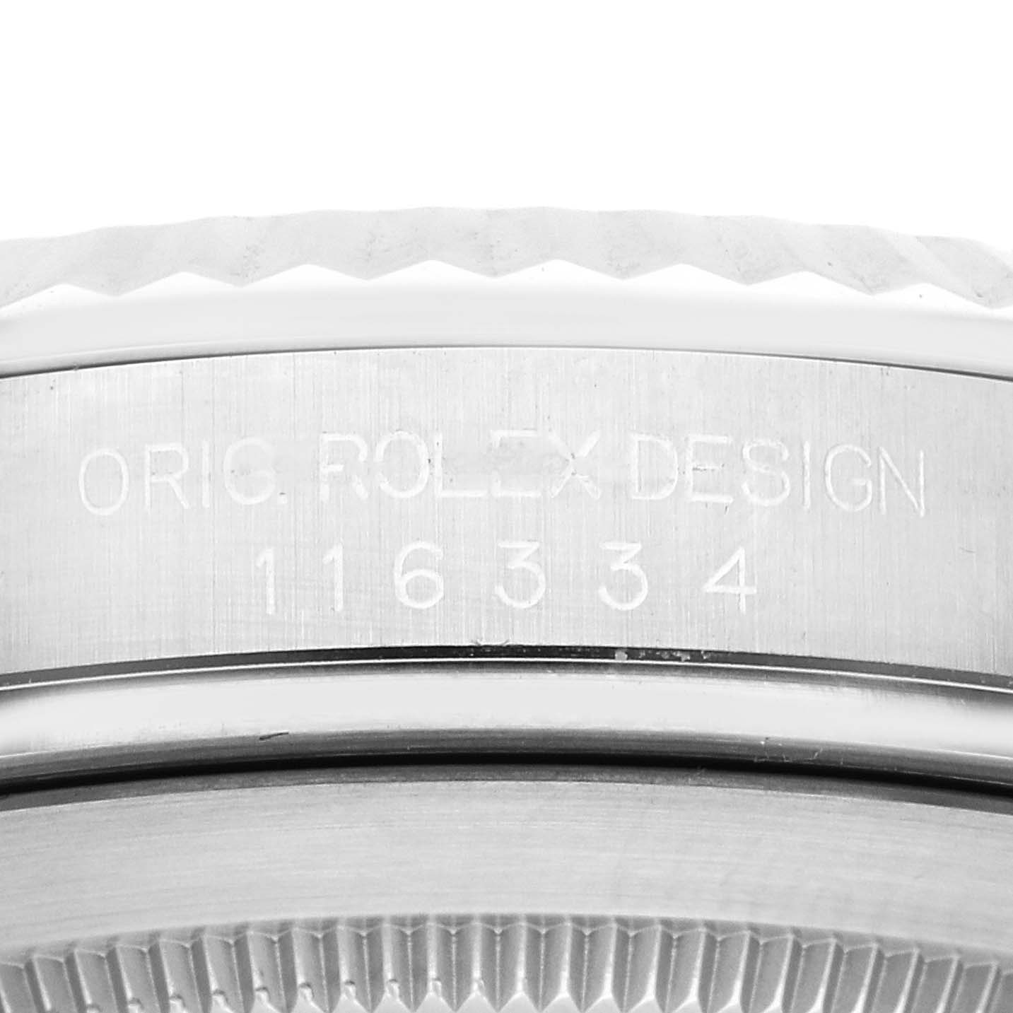 The image shows a close-up of the Datejust 41 model by Rolex, focusing on the engraved design and reference number on the watch
s case side.