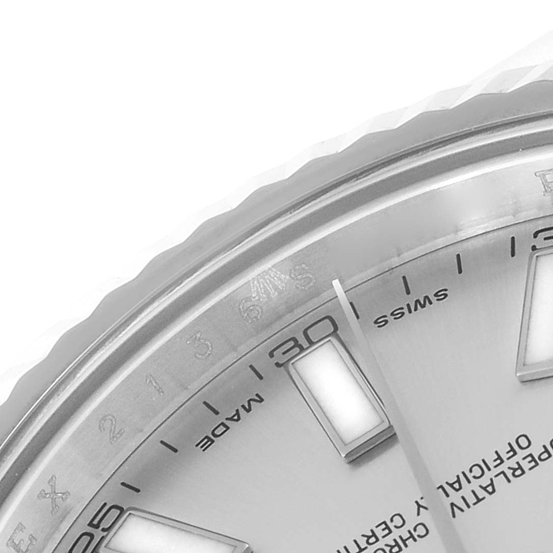 This image shows the dial, hands, and date window of a Rolex Datejust 41 116334 Men
s Stainless Steel Silver Dial 116334 Men
s Stainless Steel Silver Dial watch at an angled close-up view.