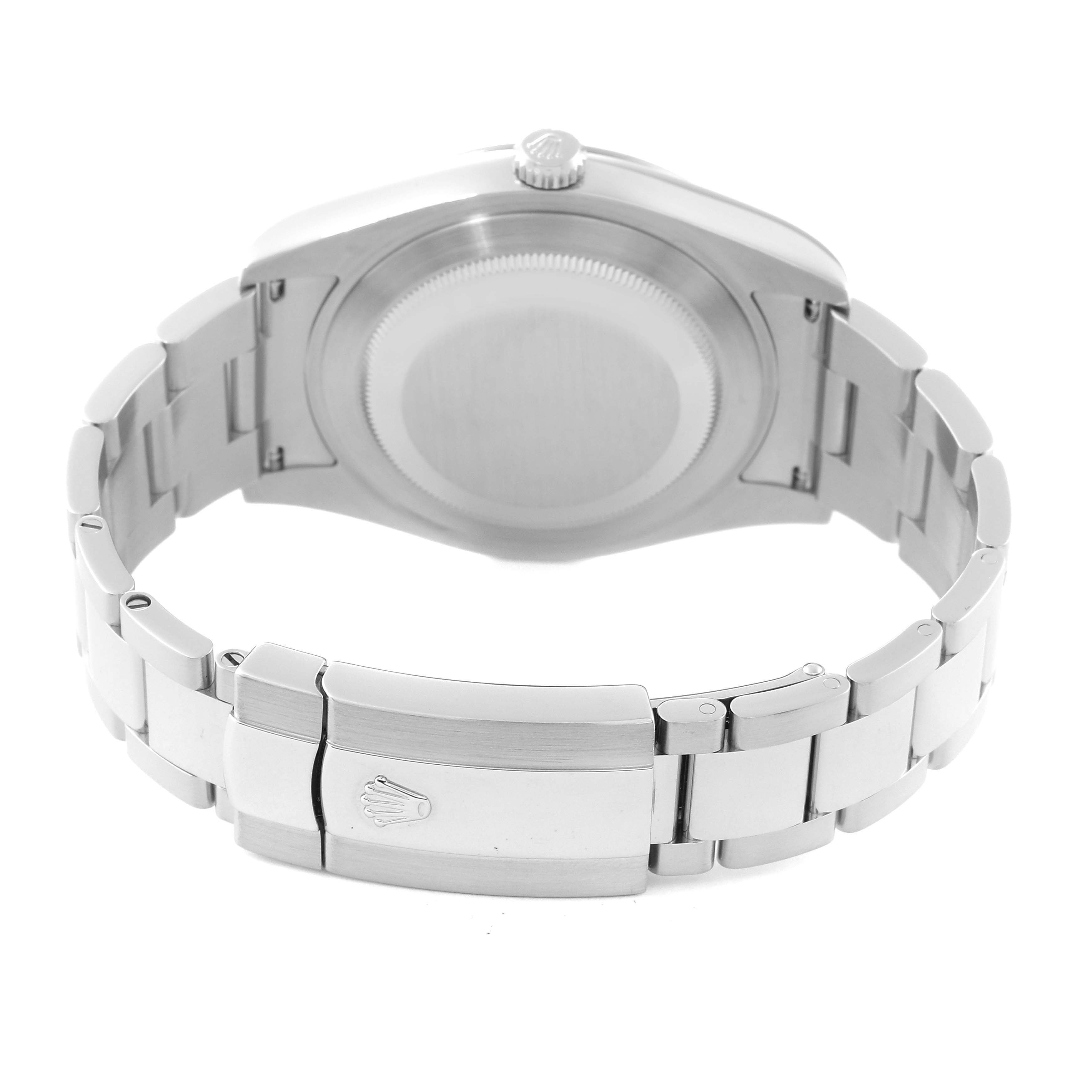 The image shows the back view of a Rolex Datejust 41 116334 Men
s Stainless Steel Silver Dial 116334 Men
s Stainless Steel Silver Dial watch, highlighting the case back and bracelet clasp.