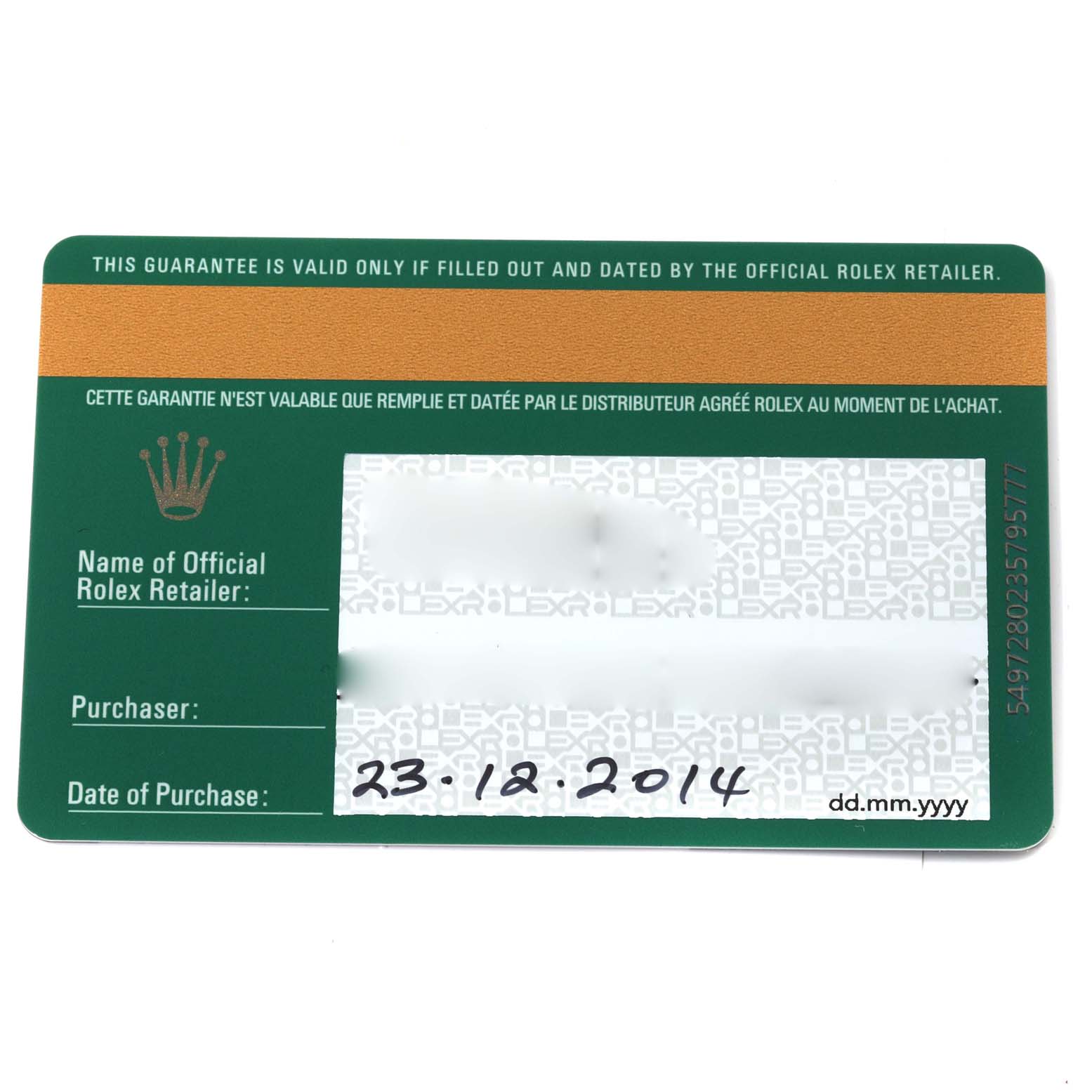 The image shows the warranty card for a Rolex Datejust 41 116334 Men
s Stainless Steel Silver Dial 116334 Men
s Stainless Steel Silver Dial watch, with the date of purchase filled in.