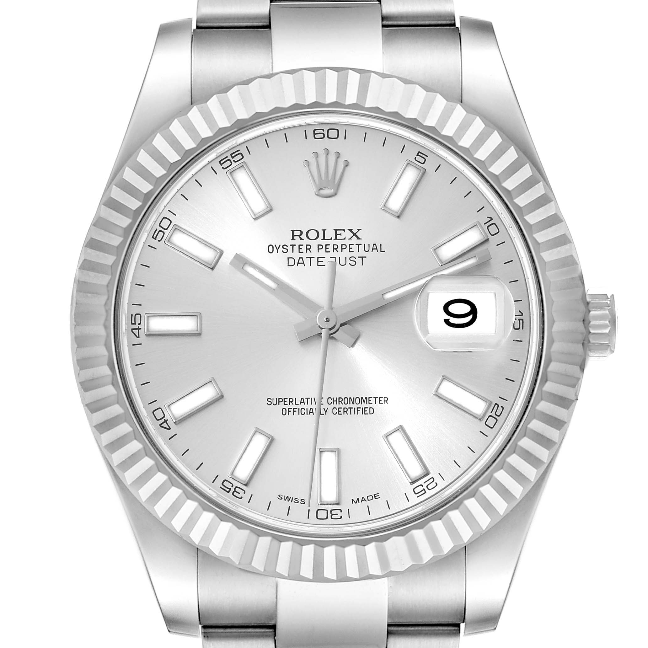 The image shows a front view of the Rolex Datejust 41 116334 Men
s Stainless Steel Silver Dial 116334 Men
s Stainless Steel Silver Dial watch, highlighting the bezel, dial, hour markers, hands, and date window.