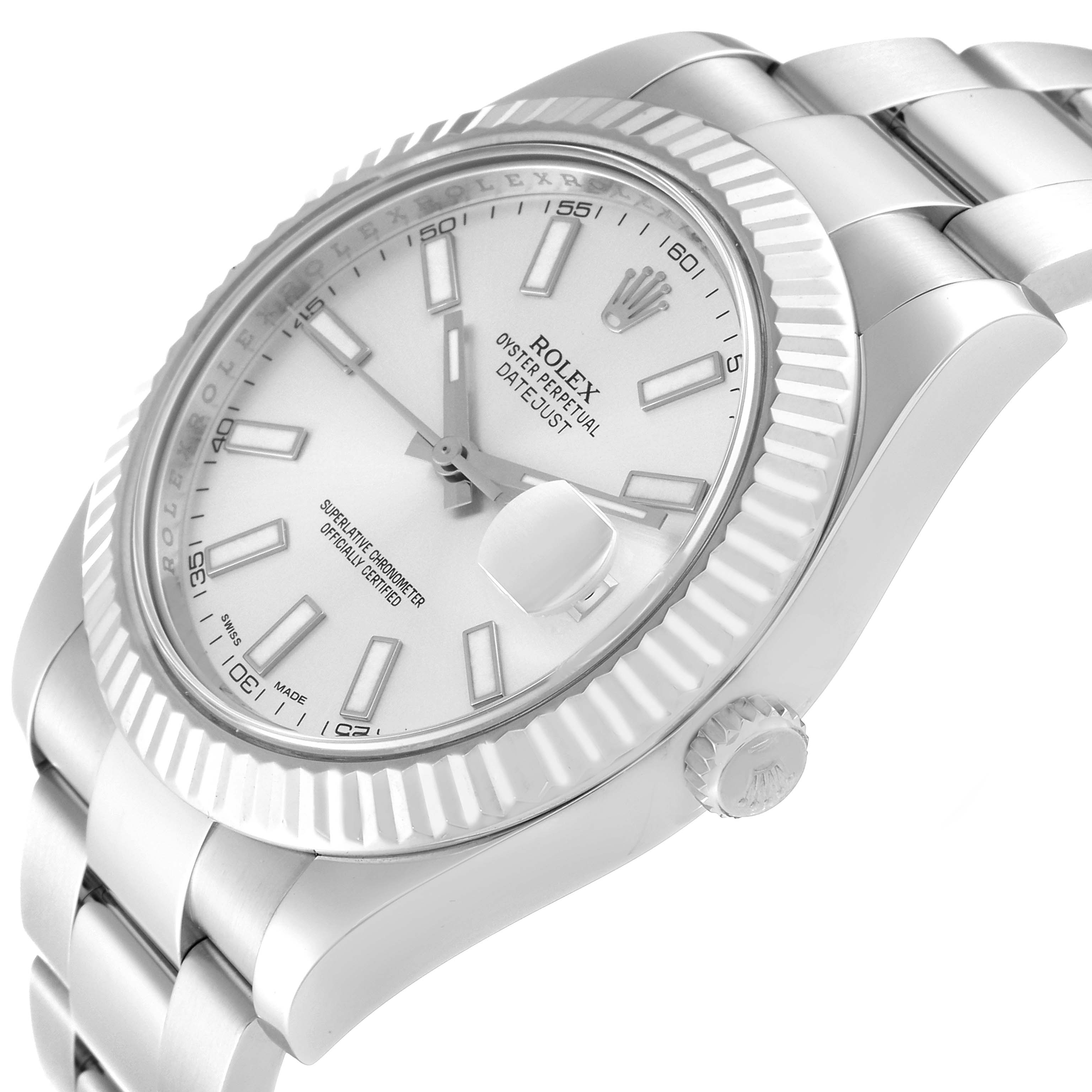 The image shows a side view of the Rolex Datejust 41 116334 Men
s Stainless Steel Silver Dial 116334 Men
s Stainless Steel Silver Dial, displaying the crown, dial, and fluted bezel.