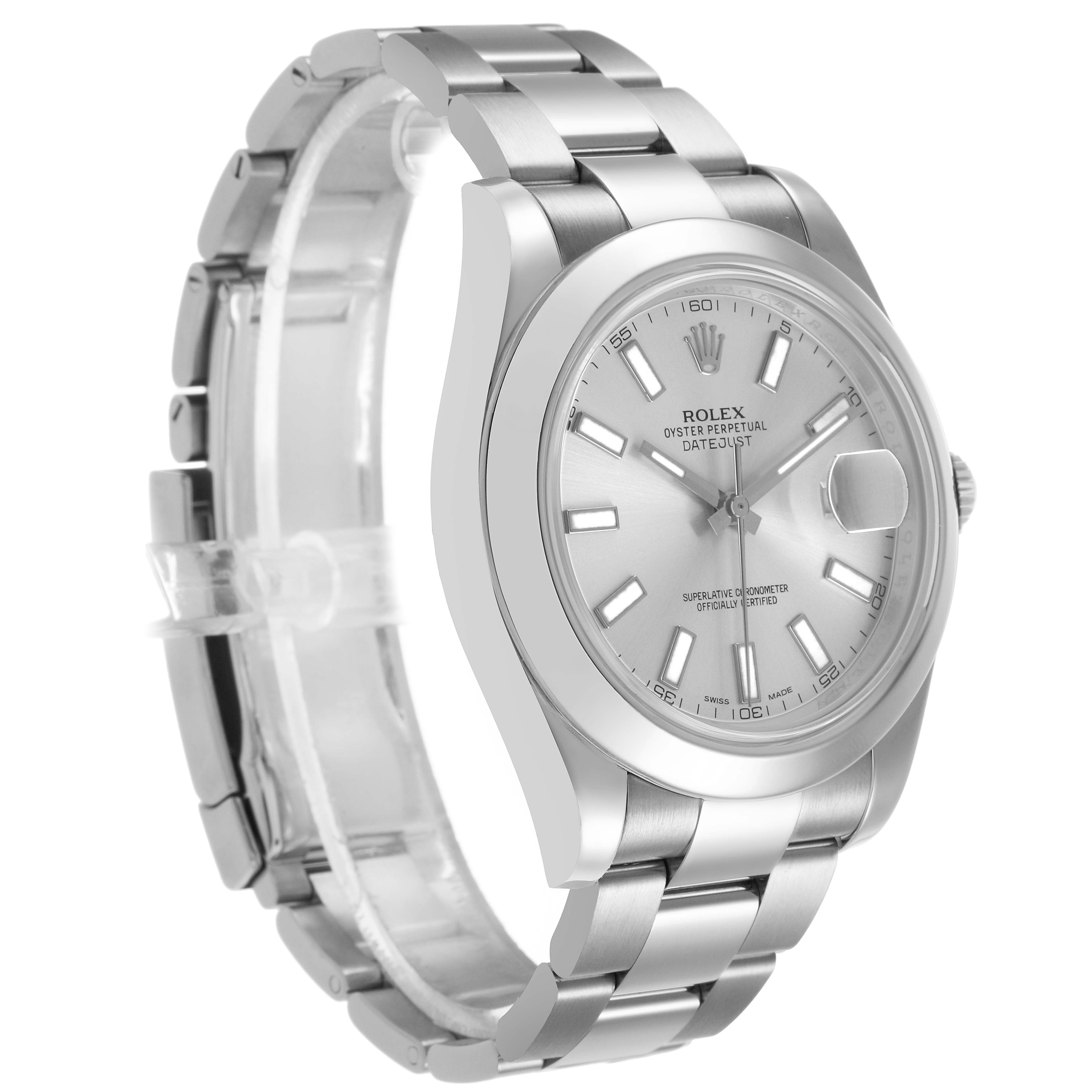 The Rolex Datejust 41 116300 Men's Stainless Steel Silver Dial watch is shown at a three-quarter angle, highlighting its bracelet, bezel, and dial.
