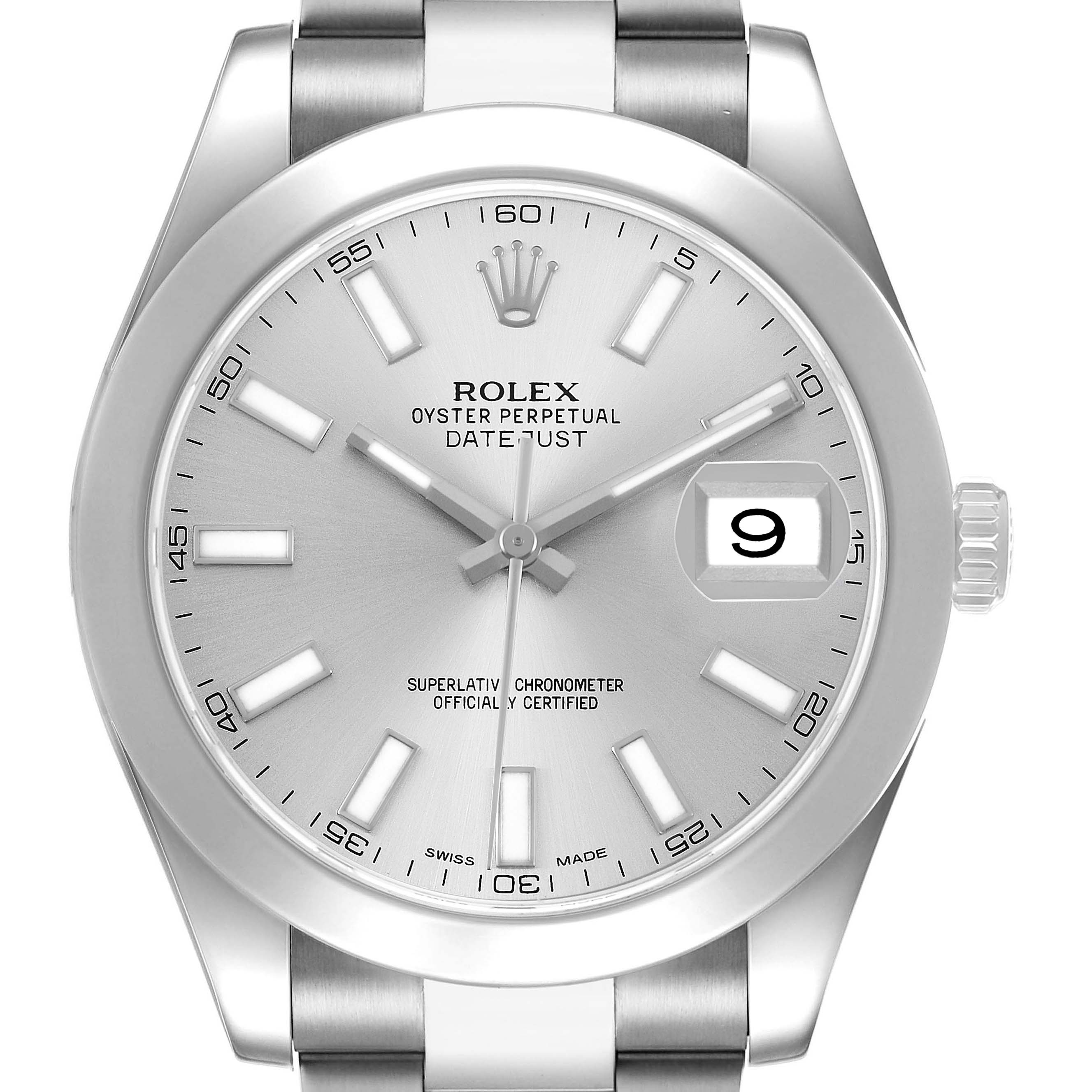 The Rolex Datejust 41 116300 Men's Stainless Steel Silver Dial is shown from a front view, displaying the bezel, dial, hands, and bracelet.