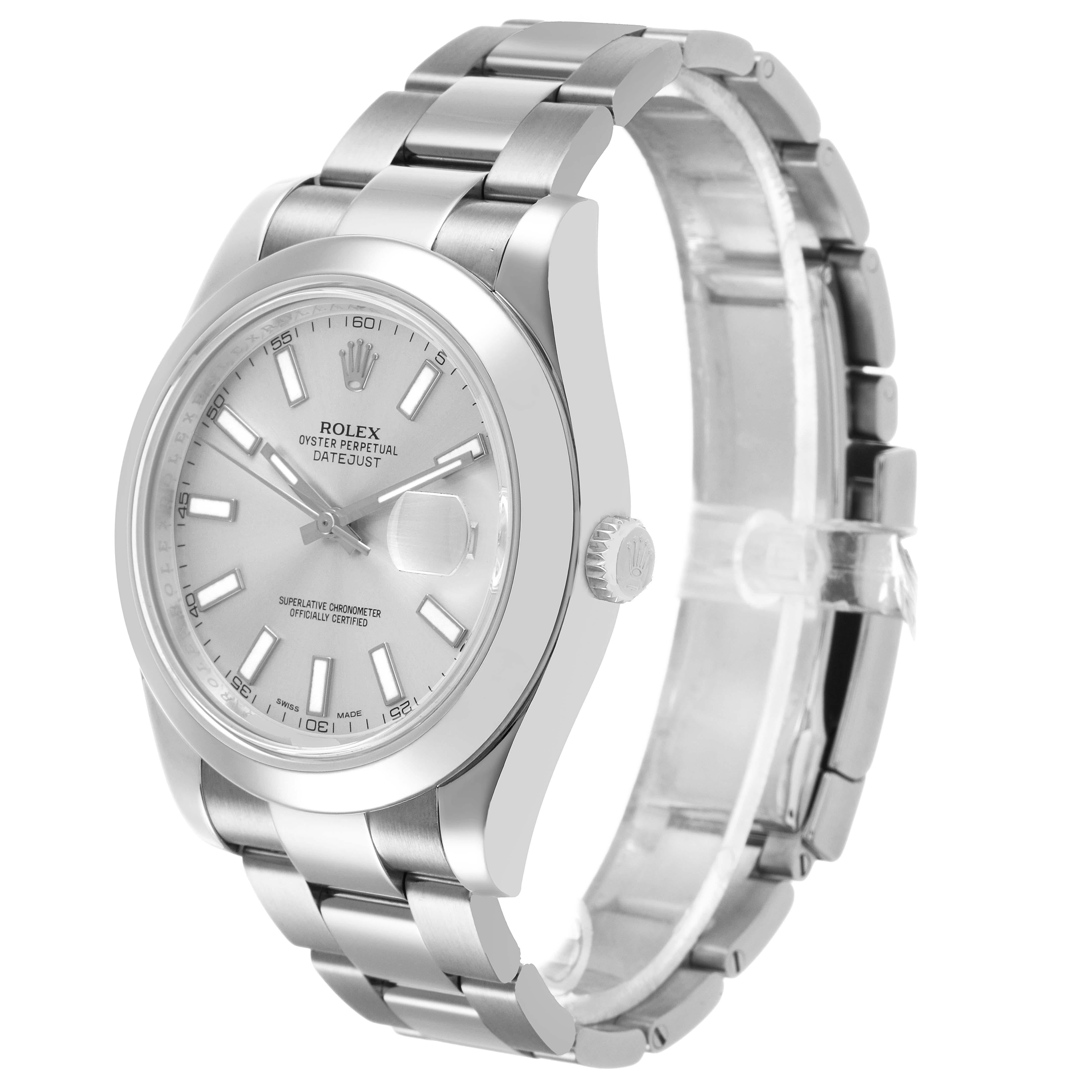 The Rolex Datejust 41 116300 Men's Stainless Steel Silver Dial is shown at a three-quarter angle, highlighting the dial, case, crown, and bracelet.