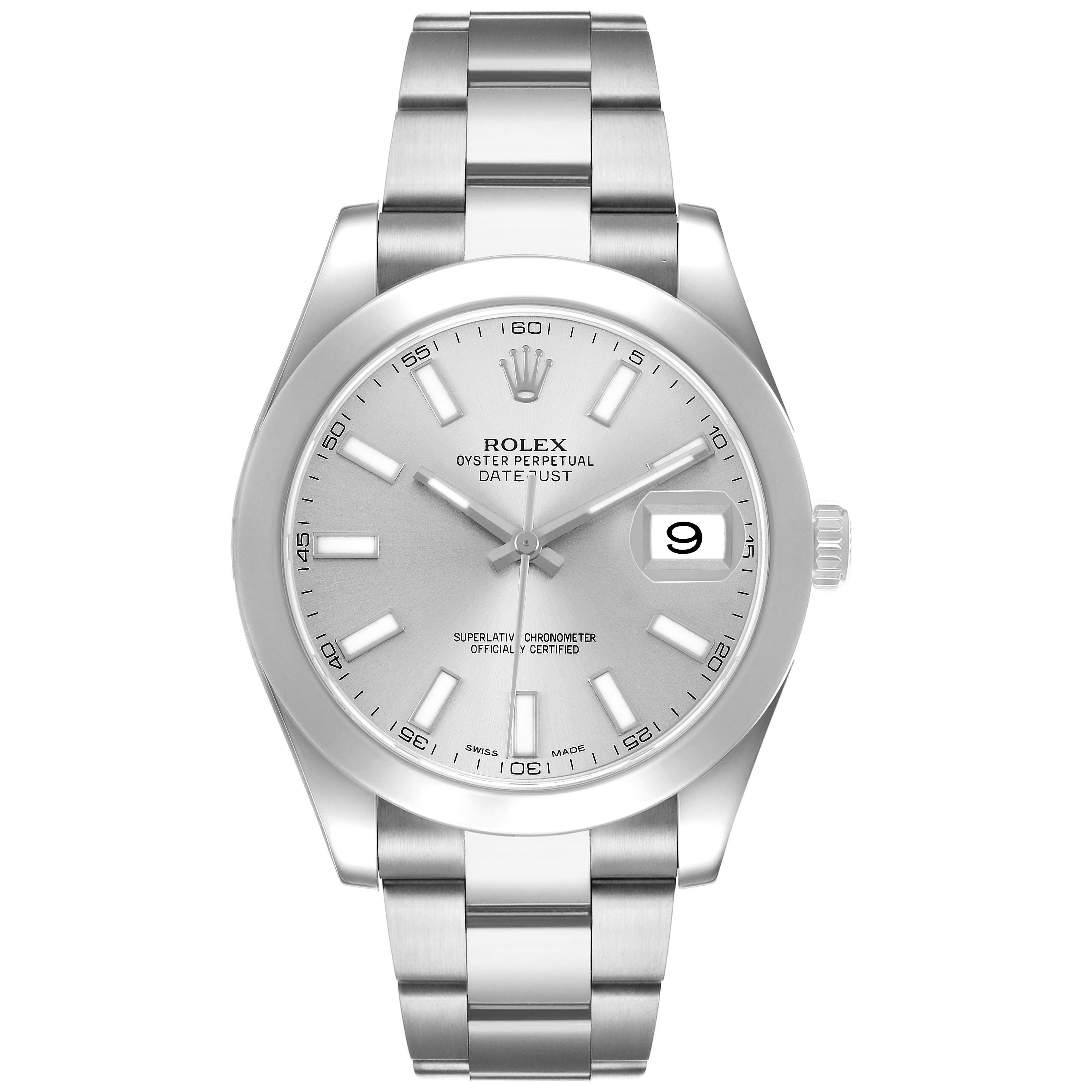 The Rolex Datejust 41 116300 Men's Stainless Steel Silver Dial watch is shown from the front, highlighting its face, dial, bracelet, and date window.