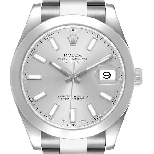 The image shows a front view of the Rolex Datejust 41 116300 Men's Stainless Steel Silver Dial, highlighting the dial, hands, date window, and bezel.