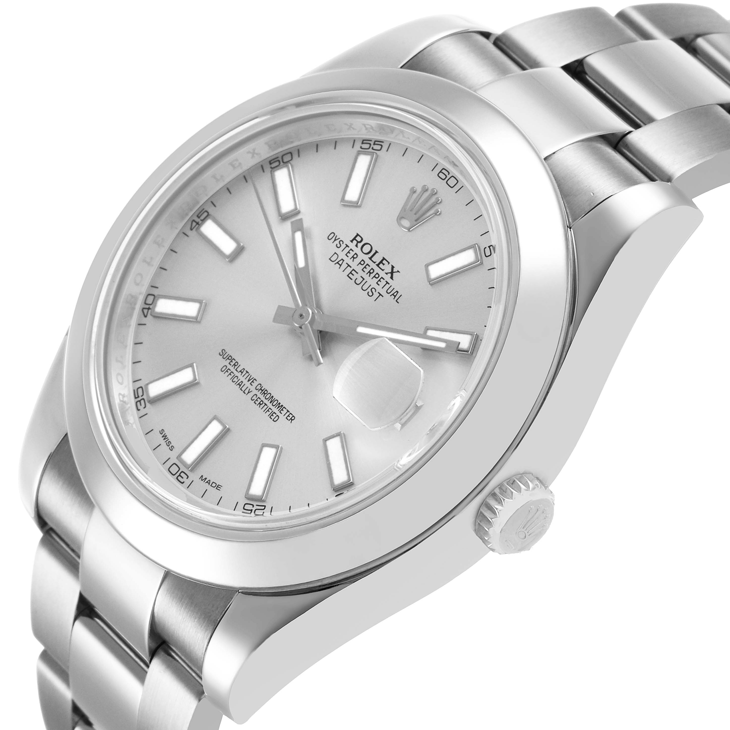 The Rolex Datejust 41 116300 Men's Stainless Steel Silver Dial watch is shown at a slight angle, highlighting the dial, bezel, bracelet, and crown.