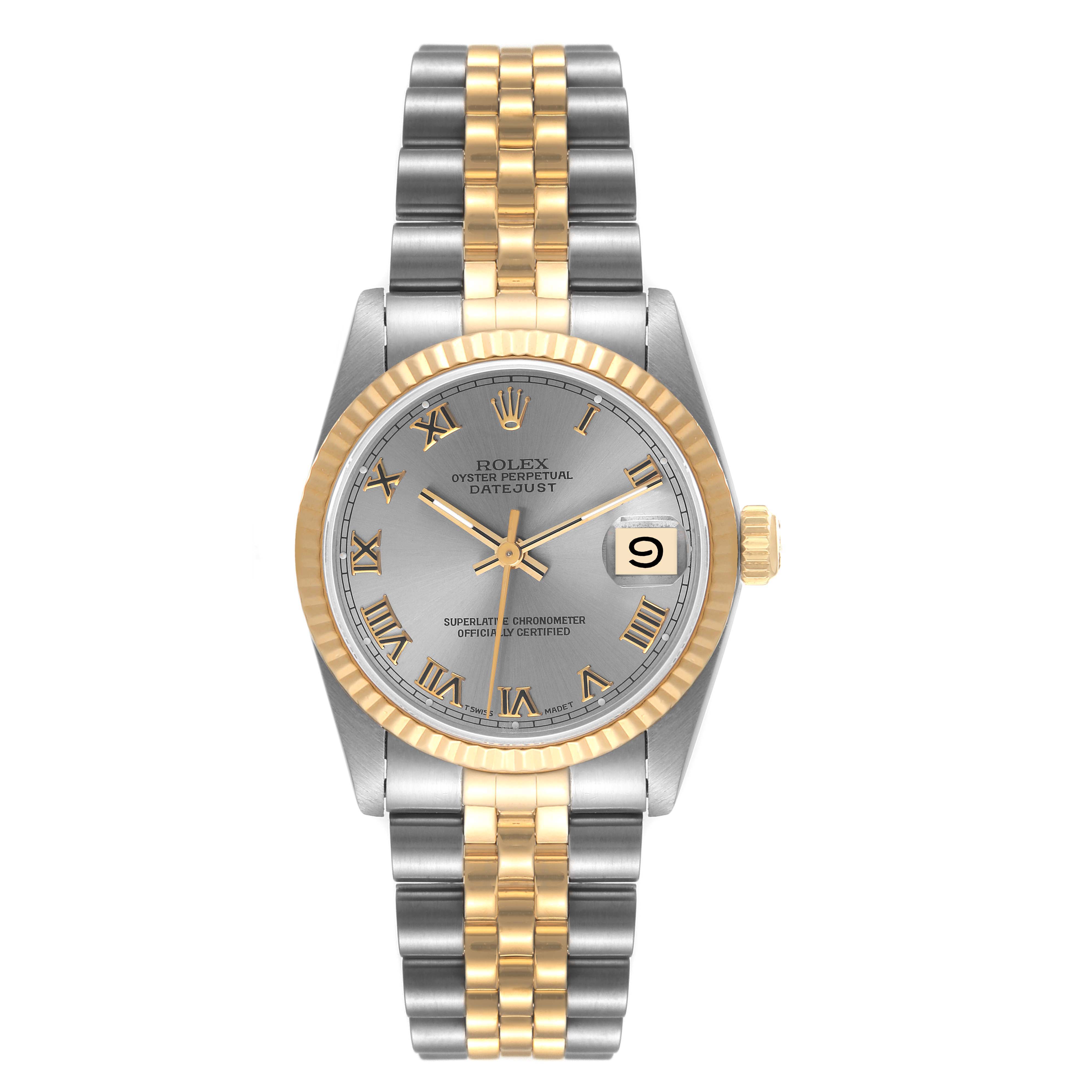 The Rolex Mid-Size 68273 Women's Steel and Gold (two tone) Grey Dial 68273 Women's Steel and Gold (two tone) Grey Dial Oyster Perpetual Datejust is shown from a front angle, highlighting its face, bezel, and bracelet.