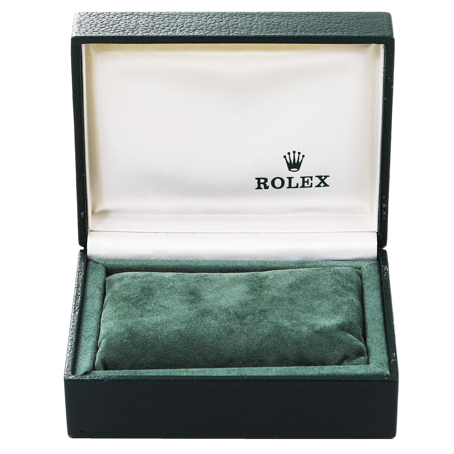 The image shows an open, empty green Rolex watch box for the Mid-Size model.