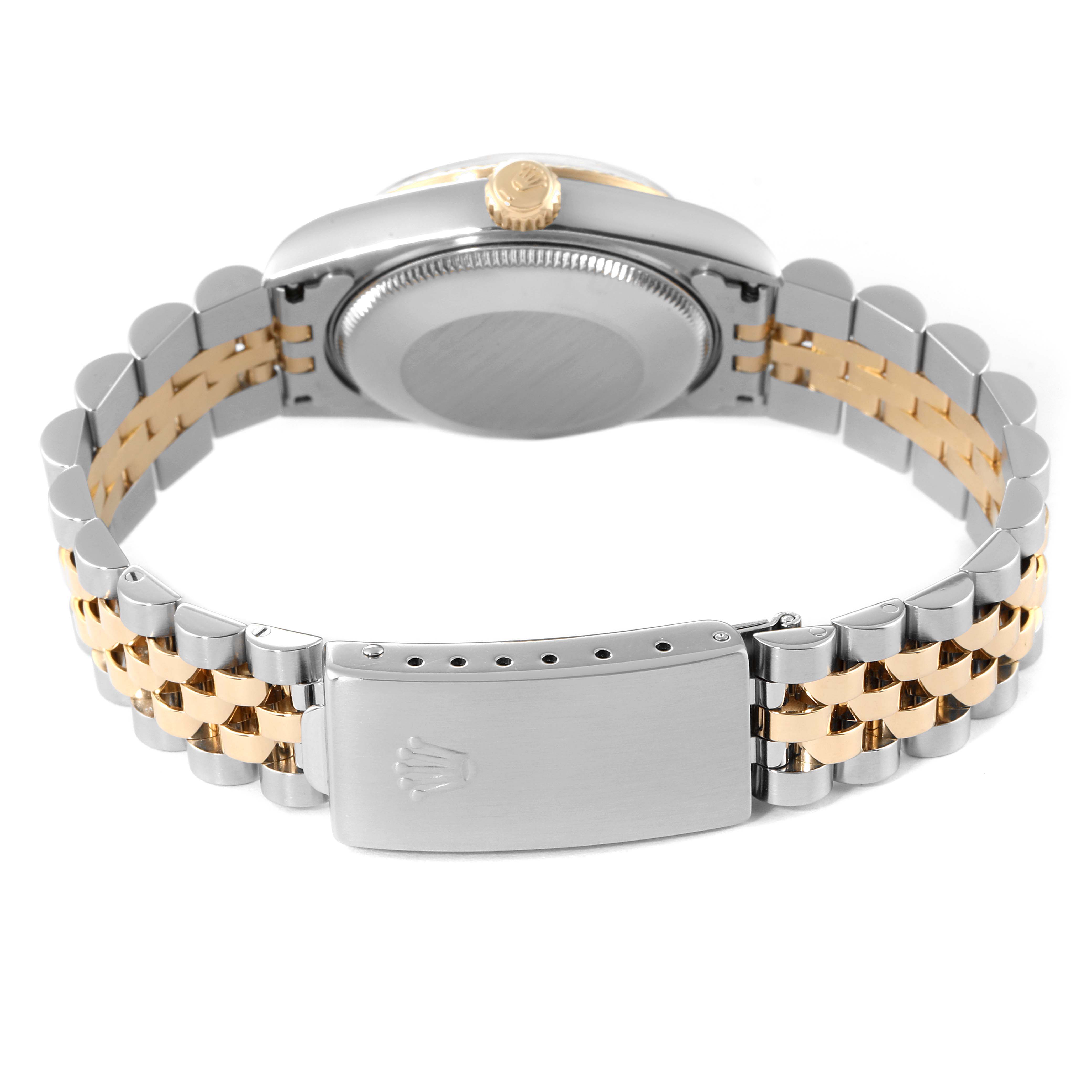 The image shows the back view of a Rolex Mid-Size 68273 Women's Steel and Gold (two tone) Grey Dial 68273 Women's Steel and Gold (two tone) Grey Dial model watch, highlighting the clasp, bracelet, crown, and case back.