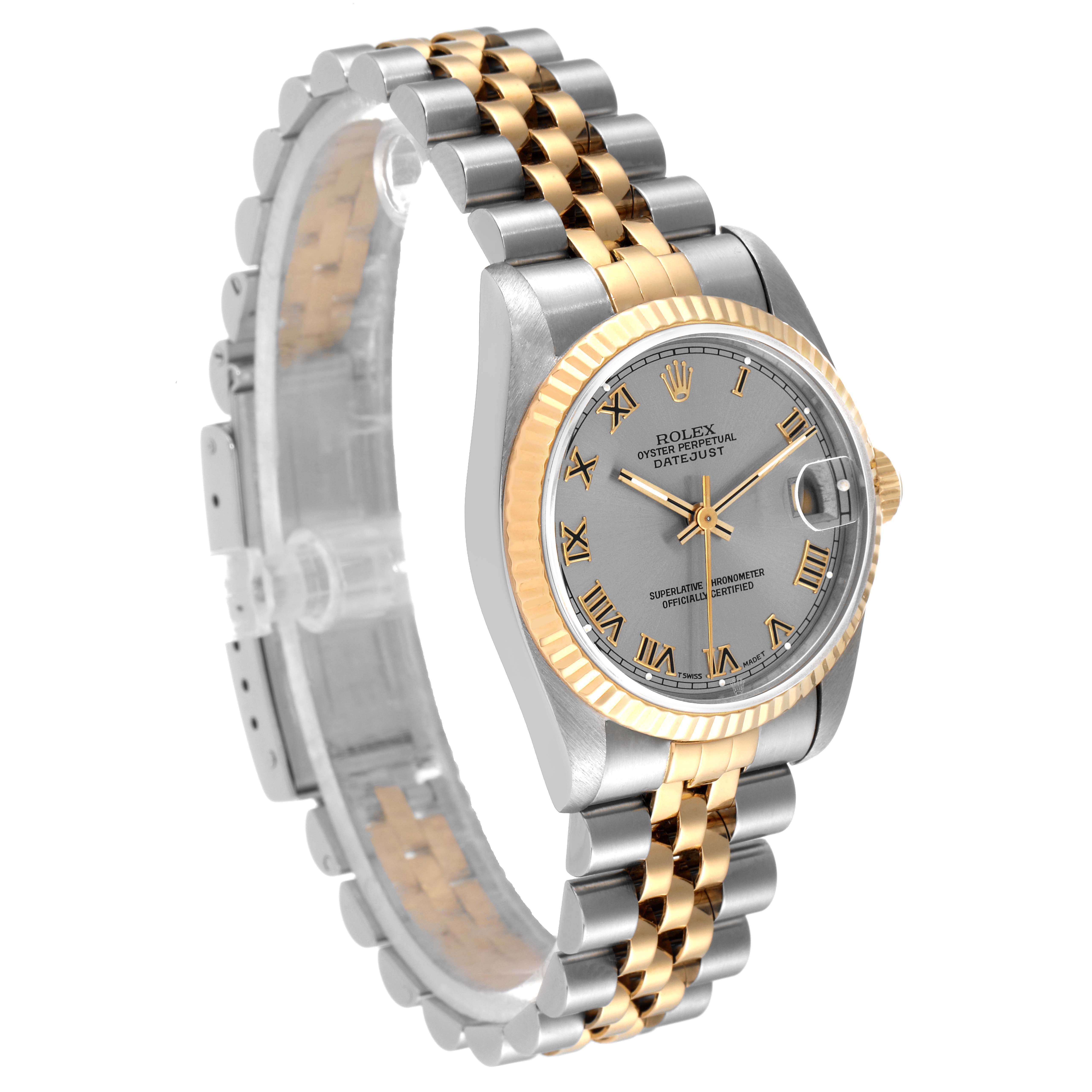 The Rolex Mid-Size 68273 Women's Steel and Gold (two tone) Grey Dial 68273 Women's Steel and Gold (two tone) Grey Dial Datejust watch is shown at a three-quarter angle, highlighting its dual-tone bracelet, bezel, and dial.