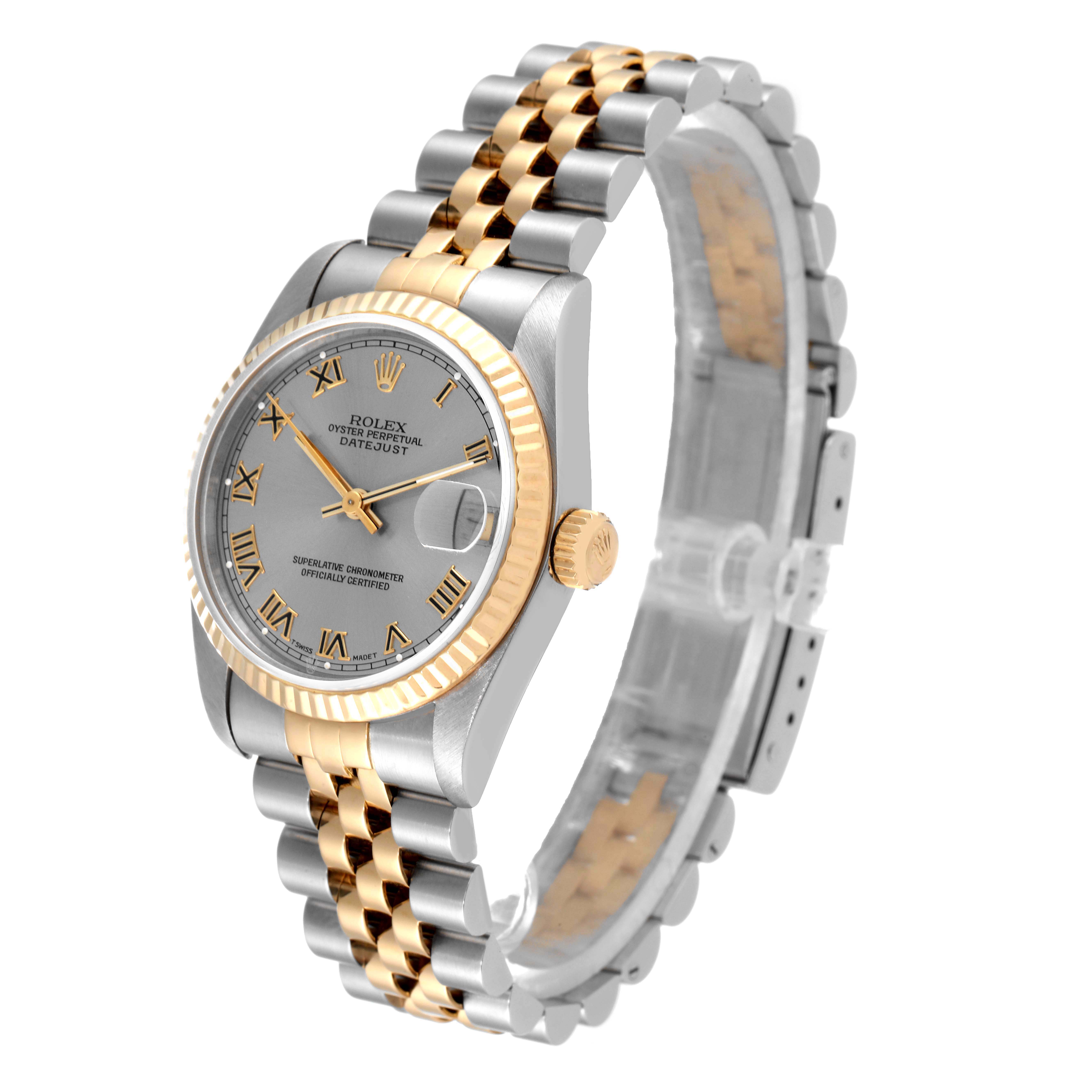 The Rolex Mid-Size 68273 Women's Steel and Gold (two tone) Grey Dial 68273 Women's Steel and Gold (two tone) Grey Dial model watch is shown at a tilted side angle, displaying the face, case, bezel, crown, and bracelet.