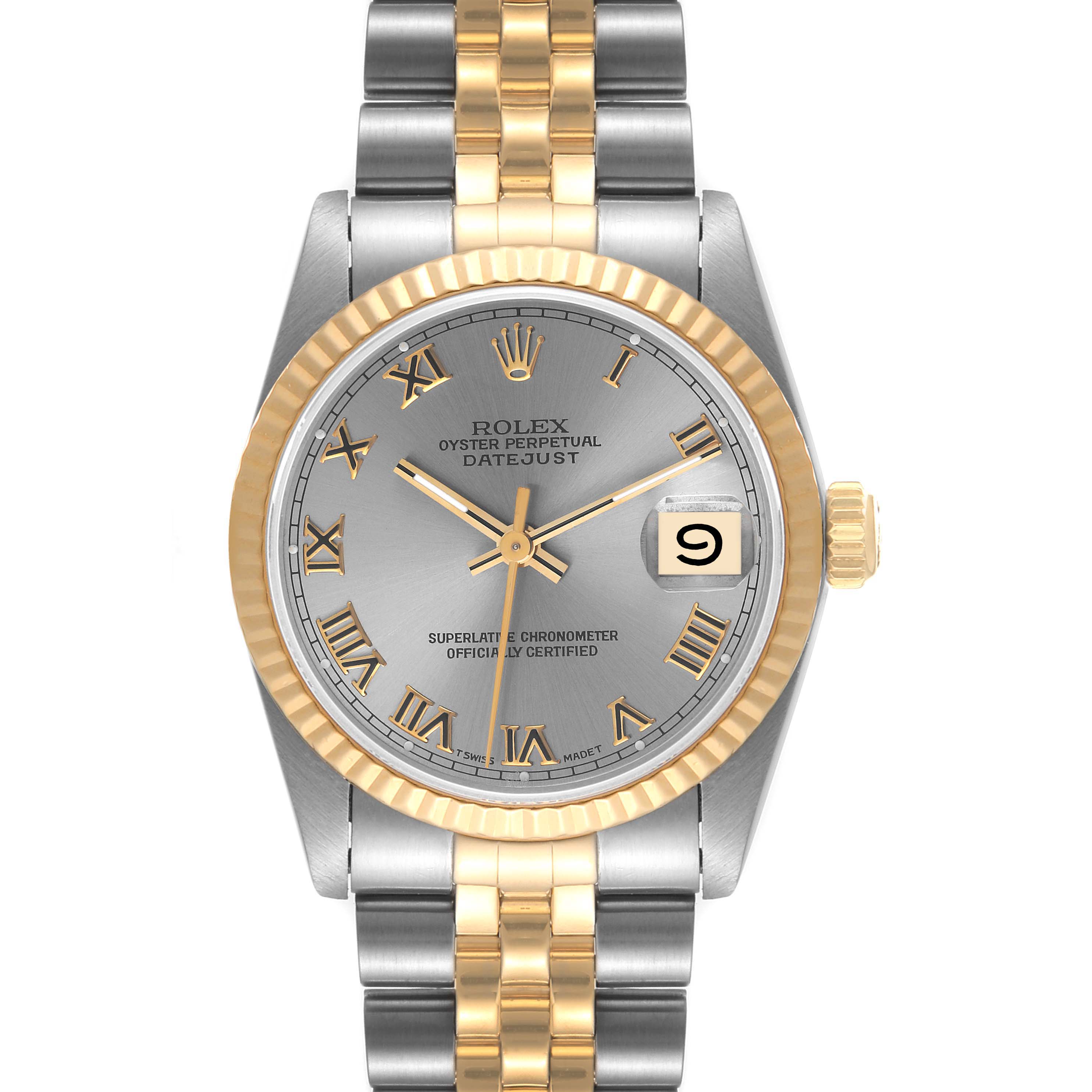 The Rolex Oyster Perpetual Datejust Mid-Size watch is shown from a straight-on angle, highlighting its two-tone bracelet and gold fluted bezel.