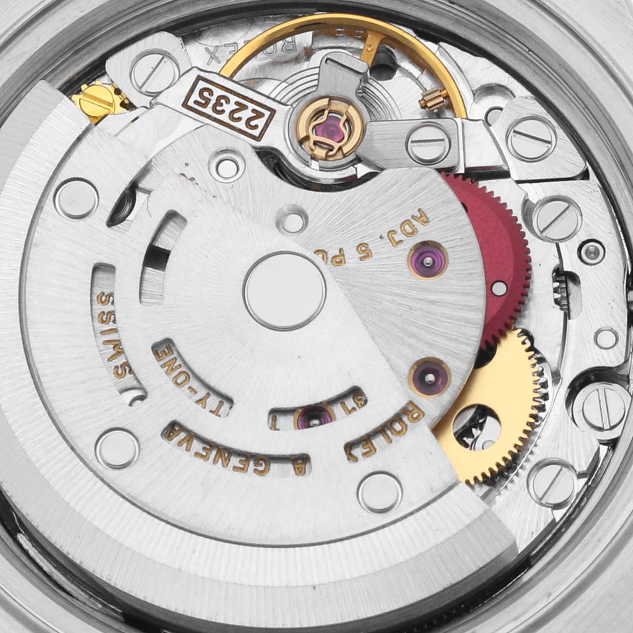 The image shows a close-up view of the movement components inside a Rolex Datejust 79174 Women's Stainless Steel Pink Dial 79174 Women's Stainless Steel Pink Dial watch.