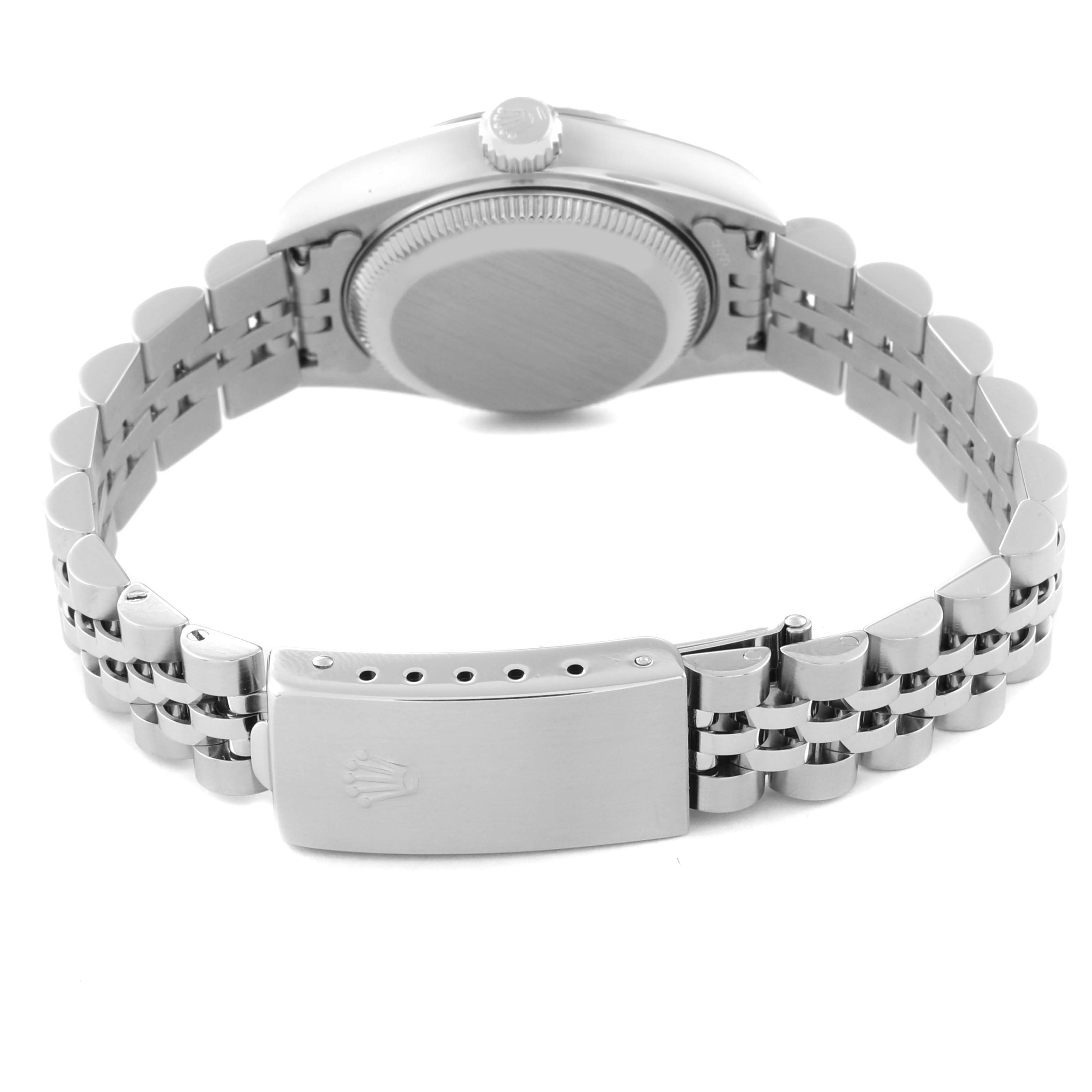 This image shows the back view and clasp of a Rolex Datejust 79174 Women's Stainless Steel Pink Dial 79174 Women's Stainless Steel Pink Dial watch, including the case back and metal bracelet.