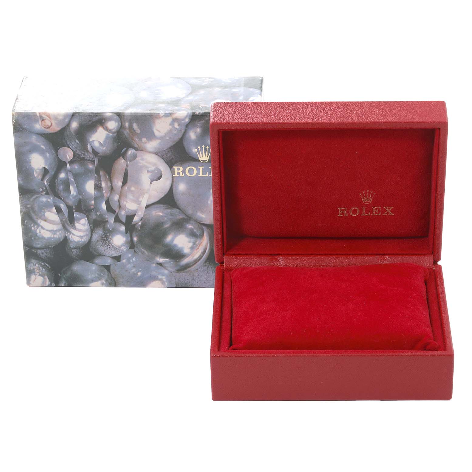 This image shows an open Rolex branded box with a Datejust model watch box displaying its cushioned interior and outer packaging.