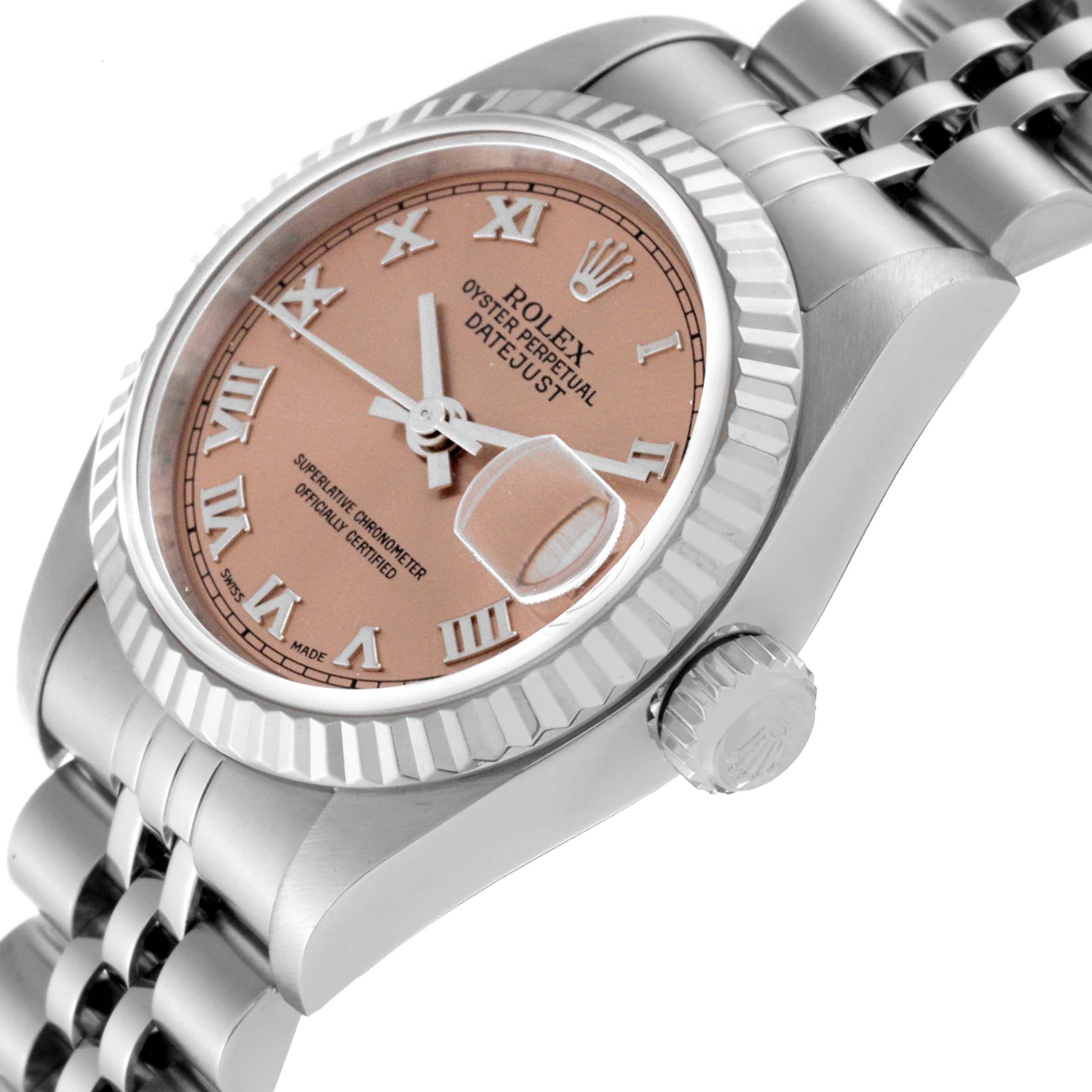 This image shows a close-up side angle of a Rolex Datejust 79174 Women's Stainless Steel Pink Dial 79174 Women's Stainless Steel Pink Dial, highlighting the dial, crown, and part of the bracelet.