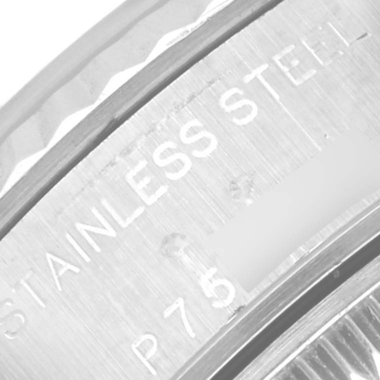 This close-up image shows the stainless steel part of a Rolex Datejust 79174 Women's Stainless Steel Pink Dial 79174 Women's Stainless Steel Pink Dial watch with visible engraved text.