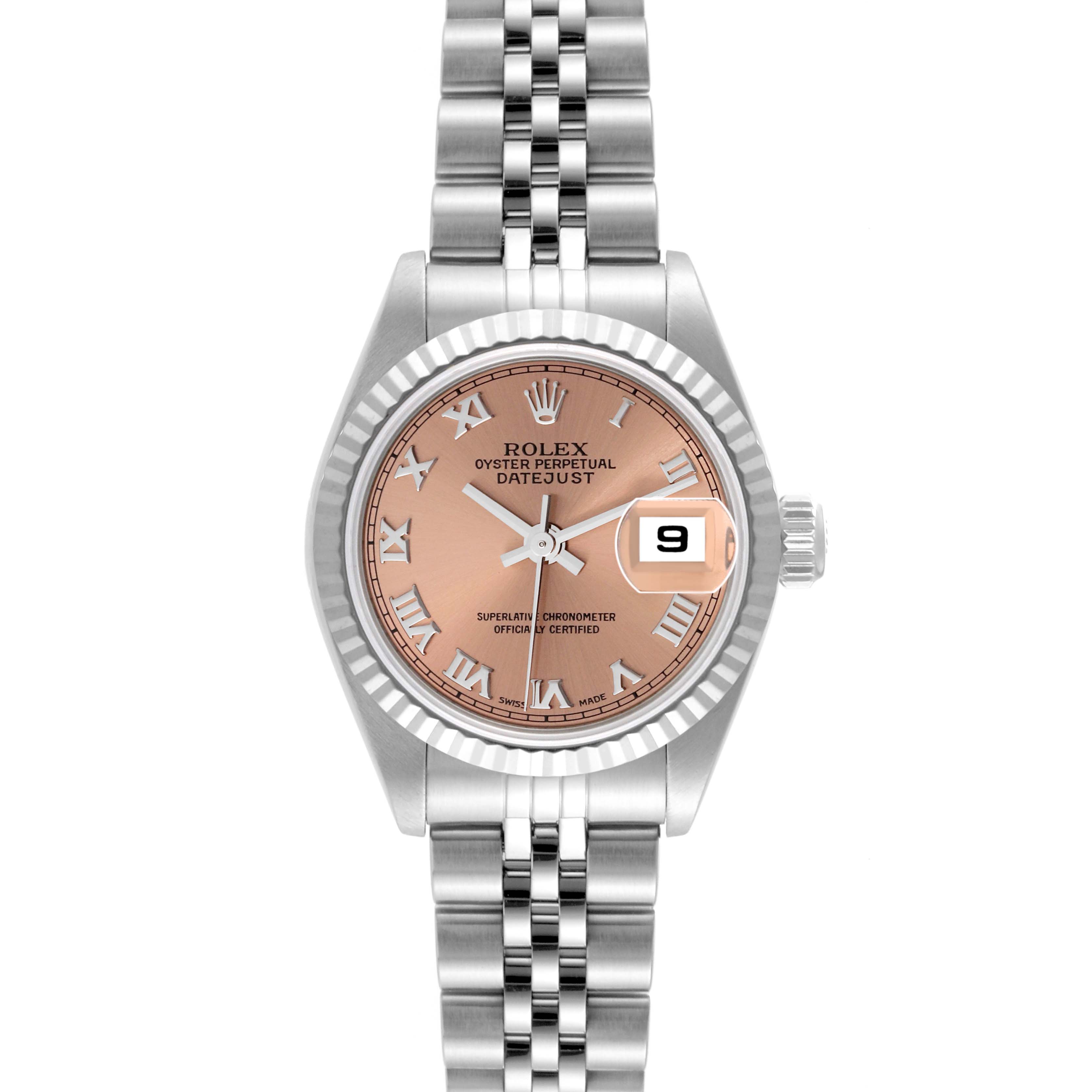 The image shows a front view of a Rolex Datejust 79174 Women's Stainless Steel Pink Dial 79174 Women's Stainless Steel Pink Dial watch with a silver band and a rose gold dial featuring Roman numerals.