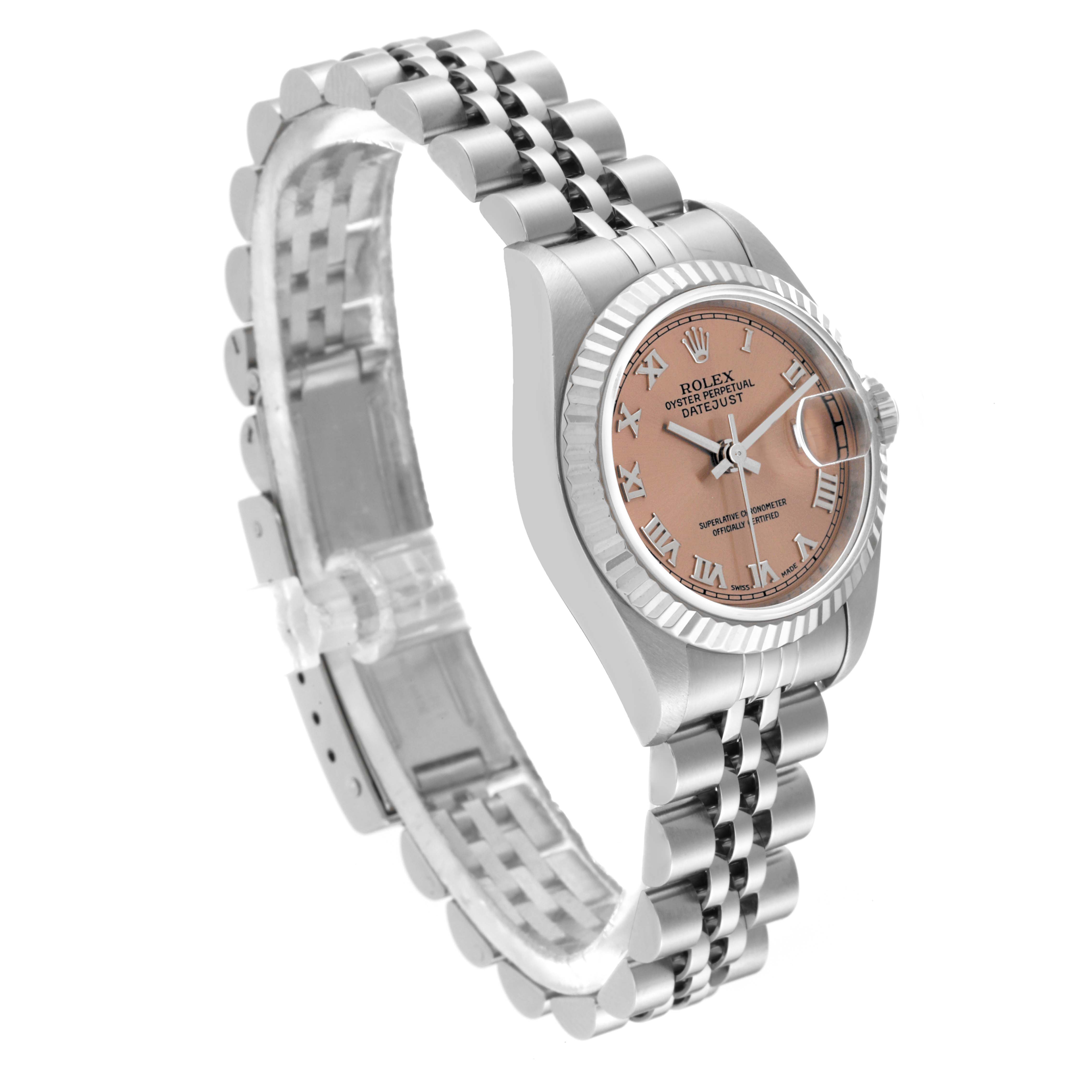 The Rolex Datejust 79174 Women's Stainless Steel Pink Dial 79174 Women's Stainless Steel Pink Dial watch is shown at a slight side angle, displaying the face, bezel, and bracelet.