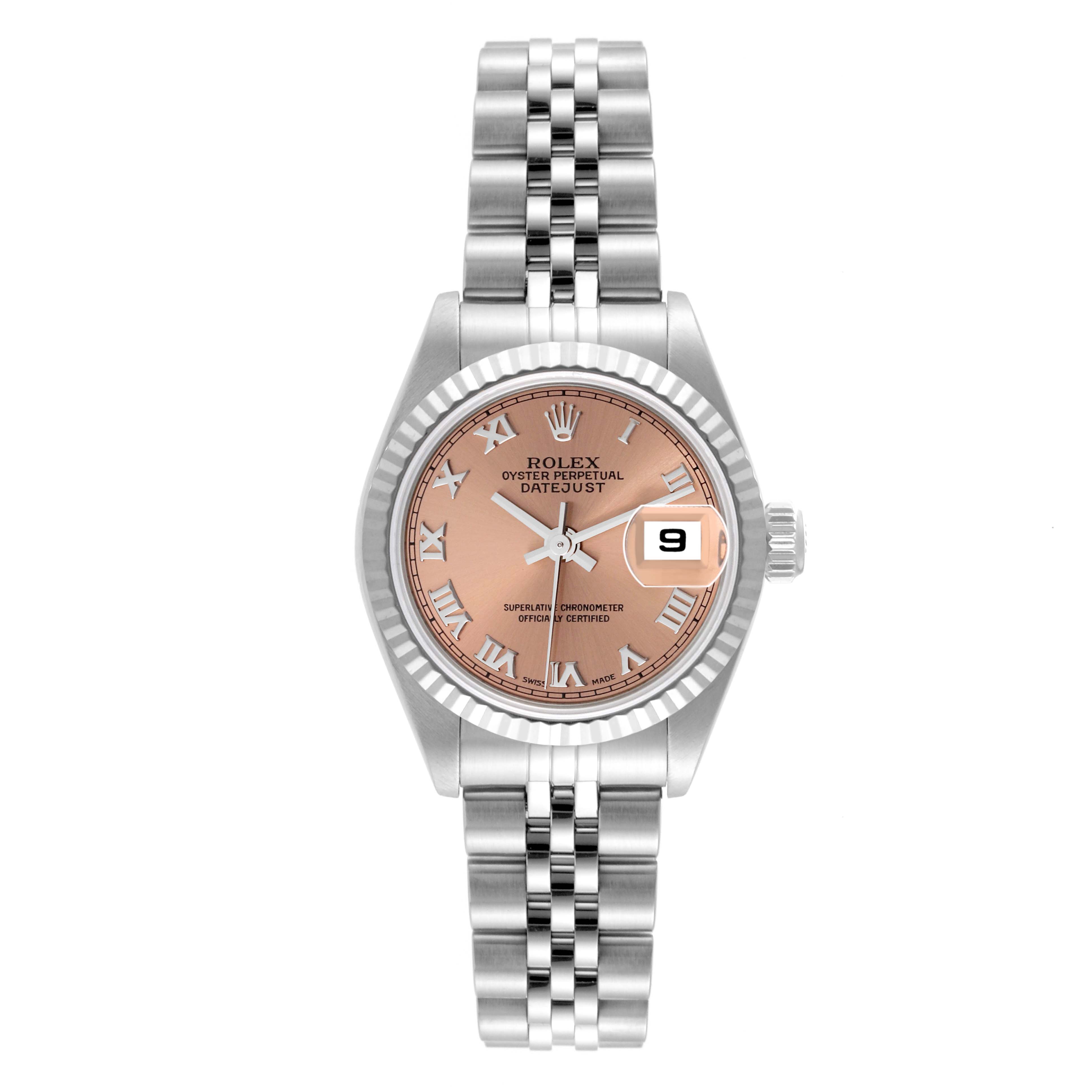 This image shows a front view of a Rolex Datejust 79174 Women's Stainless Steel Pink Dial 79174 Women's Stainless Steel Pink Dial watch with a pink dial and a two-tone Jubilee bracelet.