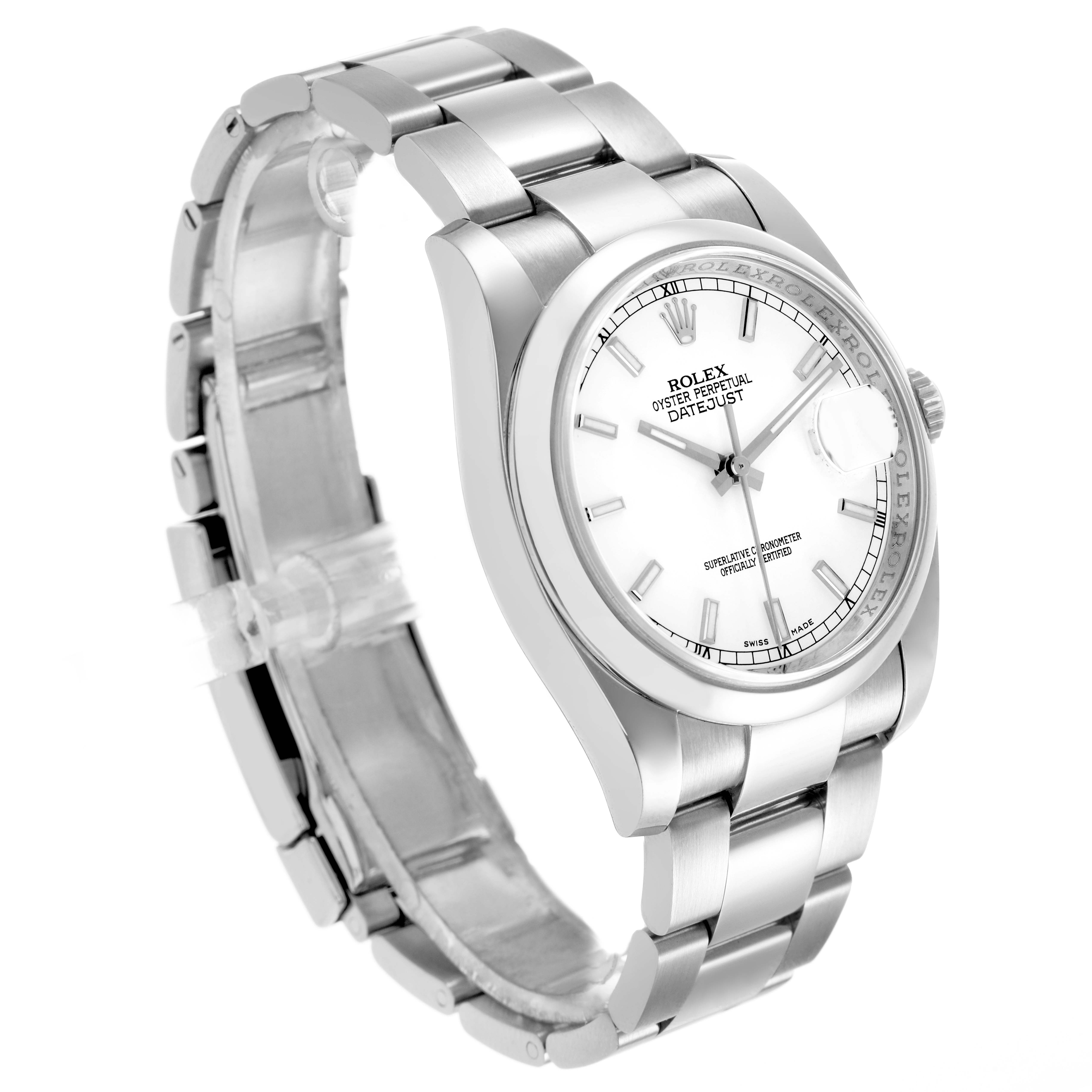 The Rolex Datejust 116200 Men's Stainless Steel White Dial watch is shown at a slight angle, highlighting the face, bezel, crown, and bracelet.