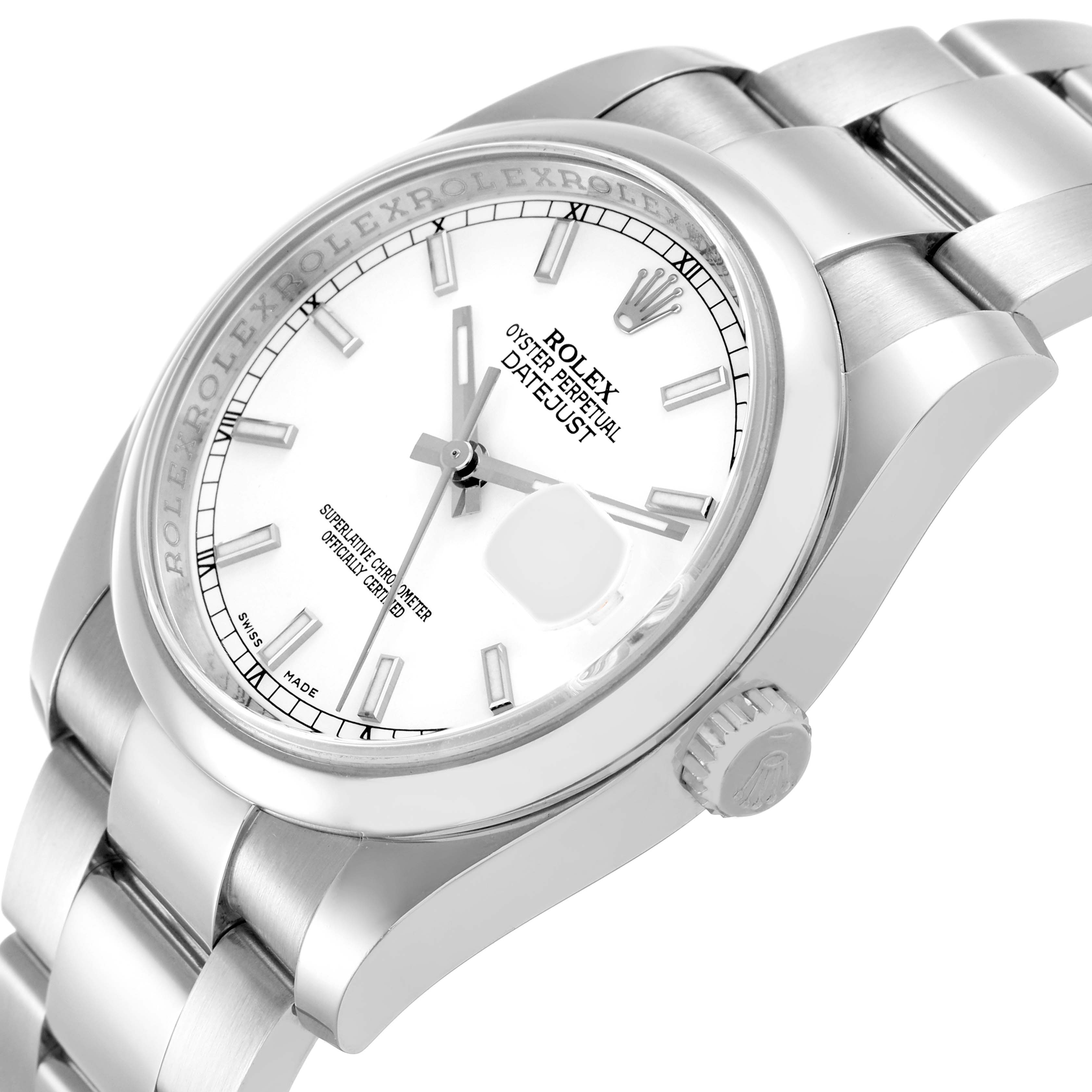The image shows a Rolex Datejust 116200 Men's Stainless Steel White Dial watch at a three-quarter angle, highlighting the dial, case, bracelet, and crown.