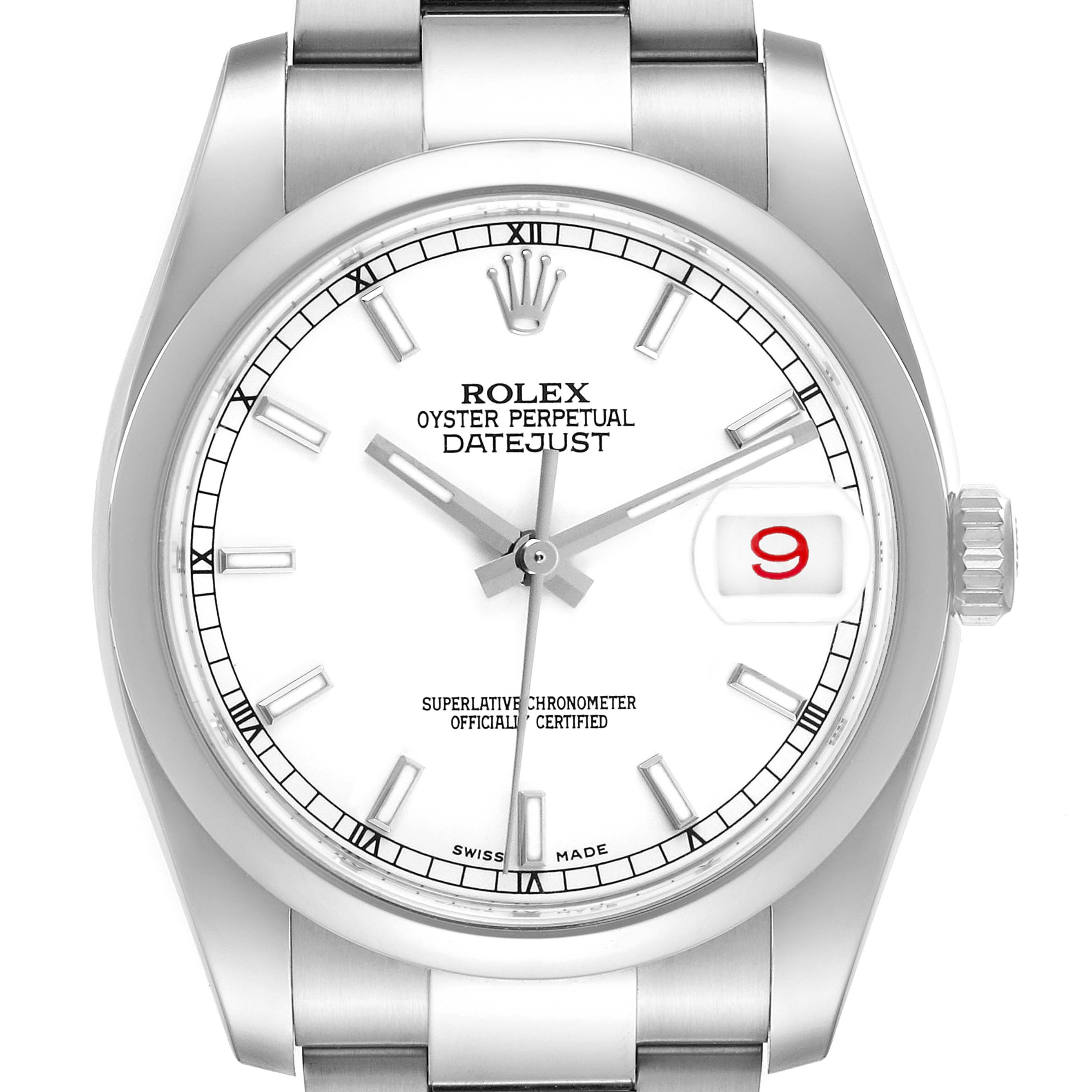 The Rolex Datejust 116200 Men's Stainless Steel White Dial watch is shown from a front angle, highlighting its white dial and date feature at the 3 o'clock position.