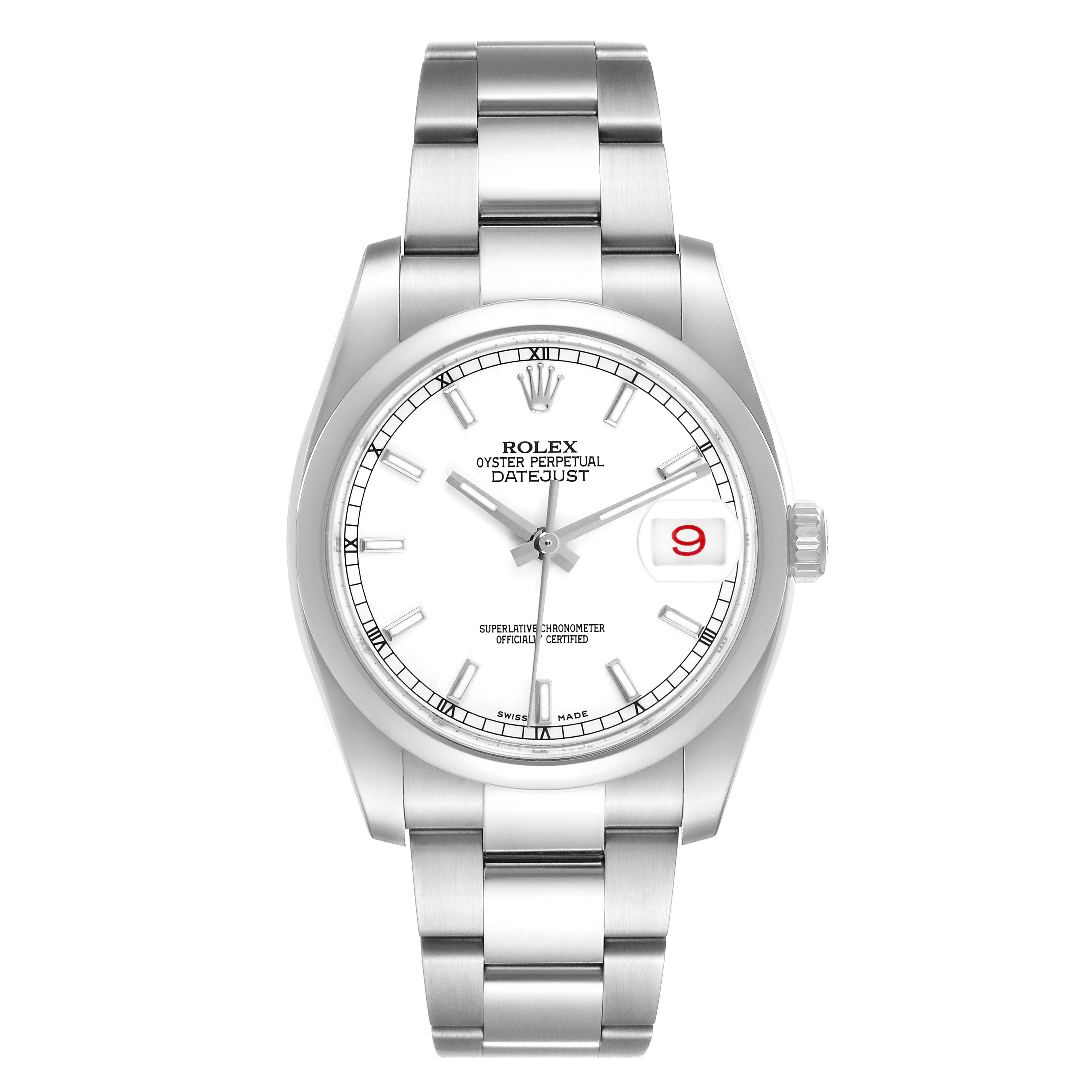 The Rolex Datejust 116200 Men's Stainless Steel White Dial watch is shown from a front angle, displaying its face, bezel, crown, and bracelet.