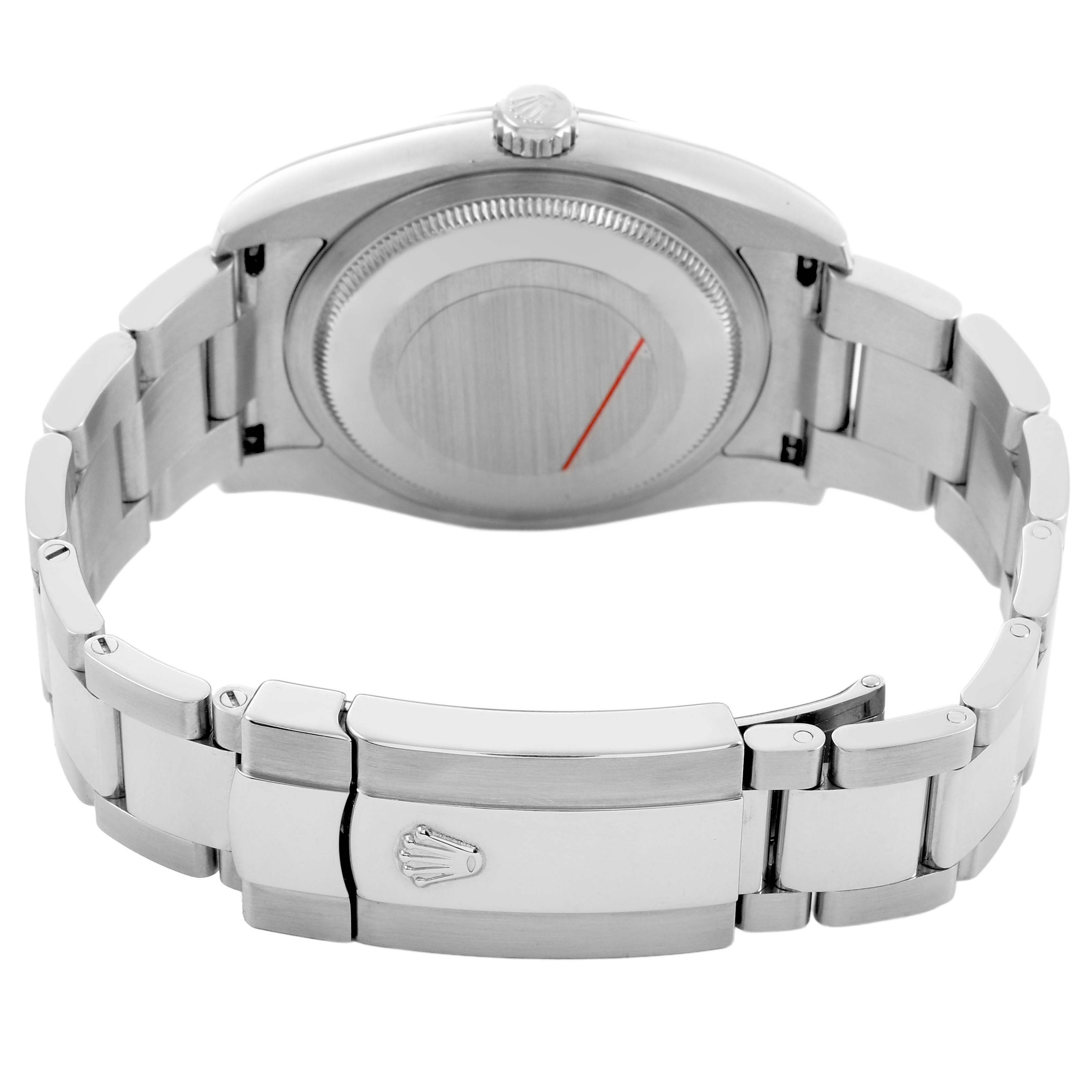 The Rolex Datejust 116200 Men's Stainless Steel White Dial is shown from the back, focusing on the clasp and bracelet.