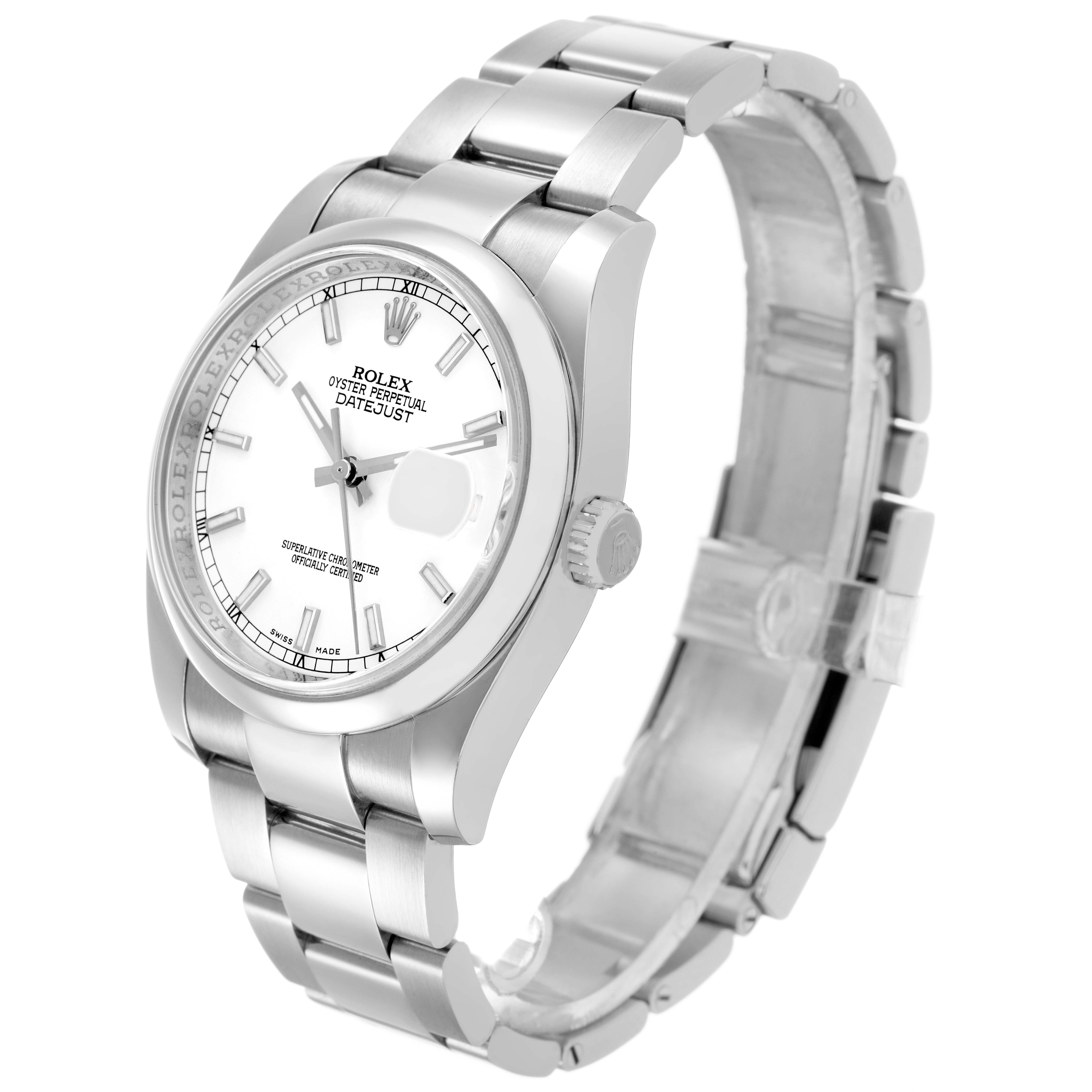 The image shows a Rolex Datejust 116200 Men's Stainless Steel White Dial watch from a three-quarter front angle, displaying the dial, case, crown, and bracelet.