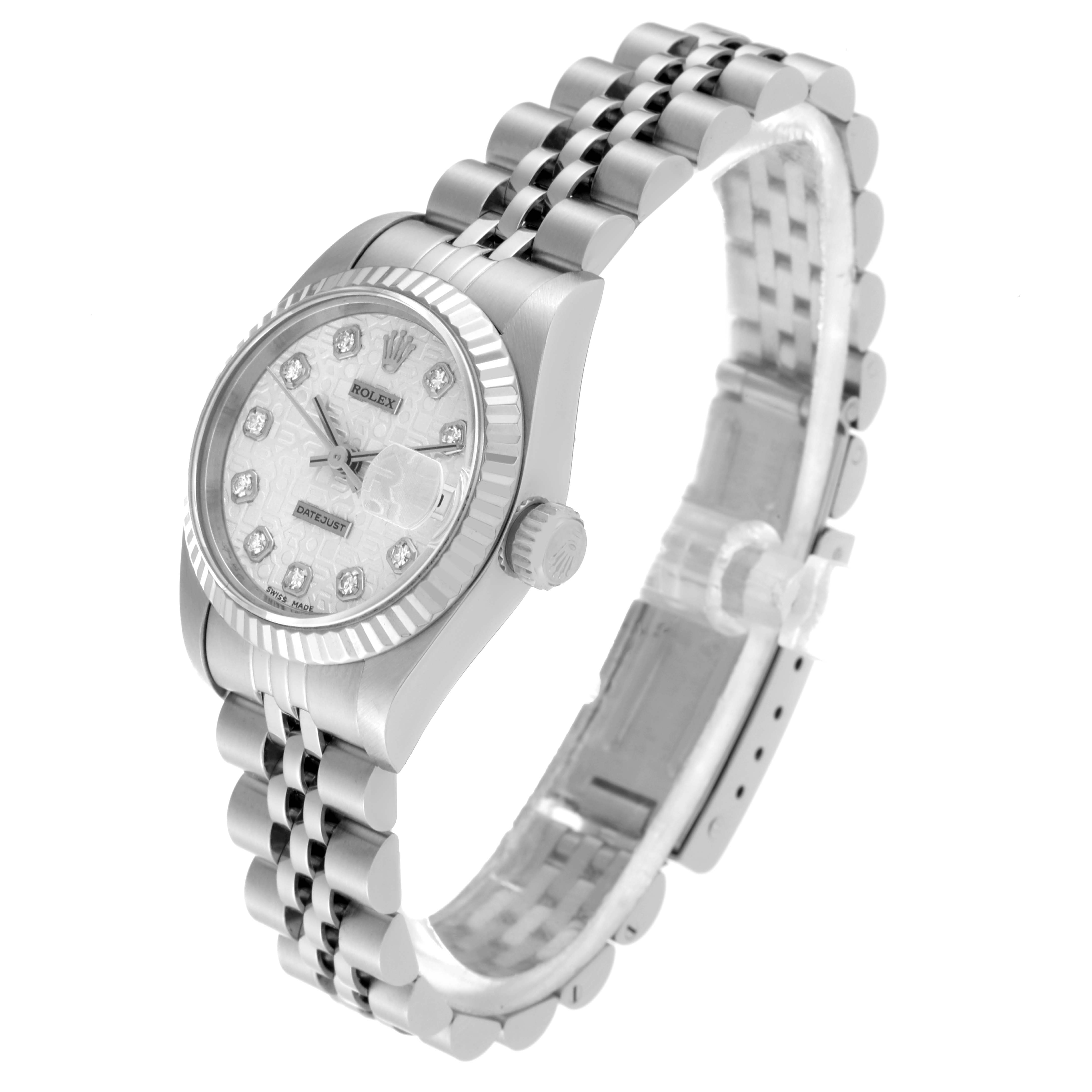 The image shows a side angle of a Rolex Datejust 69174 Women's Stainless Steel White Dial 69174 Women's Stainless Steel White Dial watch, highlighting its dial, bezel, crown, and bracelet.