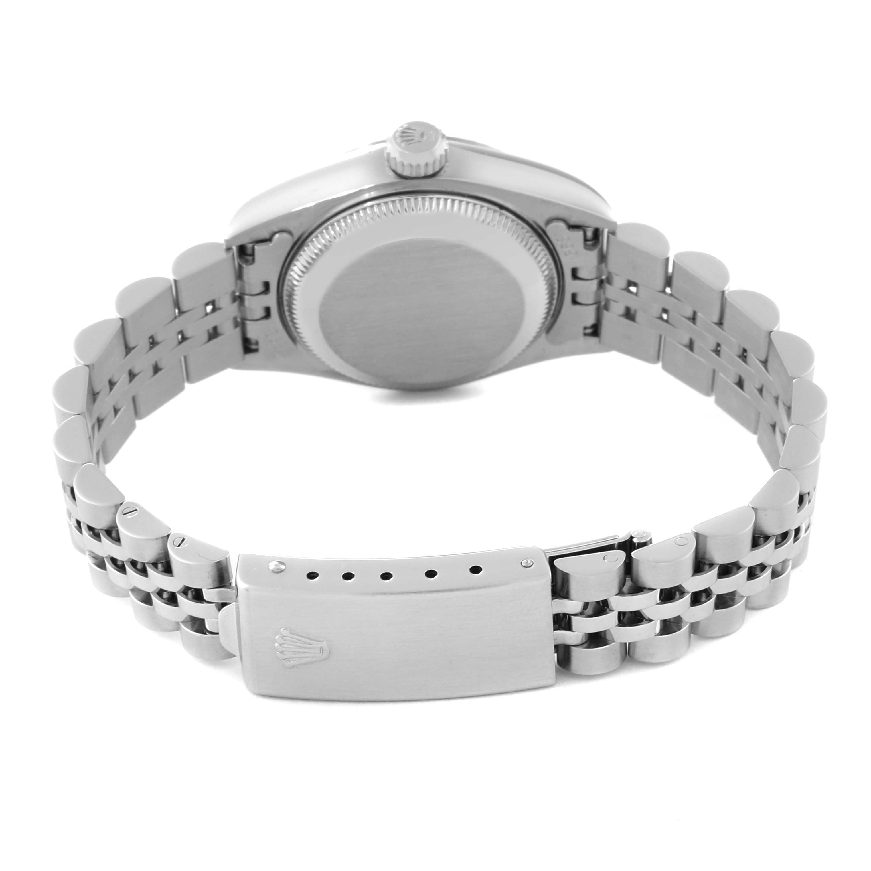 The image shows the back of a Rolex Datejust 69174 Women's Stainless Steel White Dial 69174 Women's Stainless Steel White Dial watch, highlighting its case back and bracelet clasp with the crown logo.