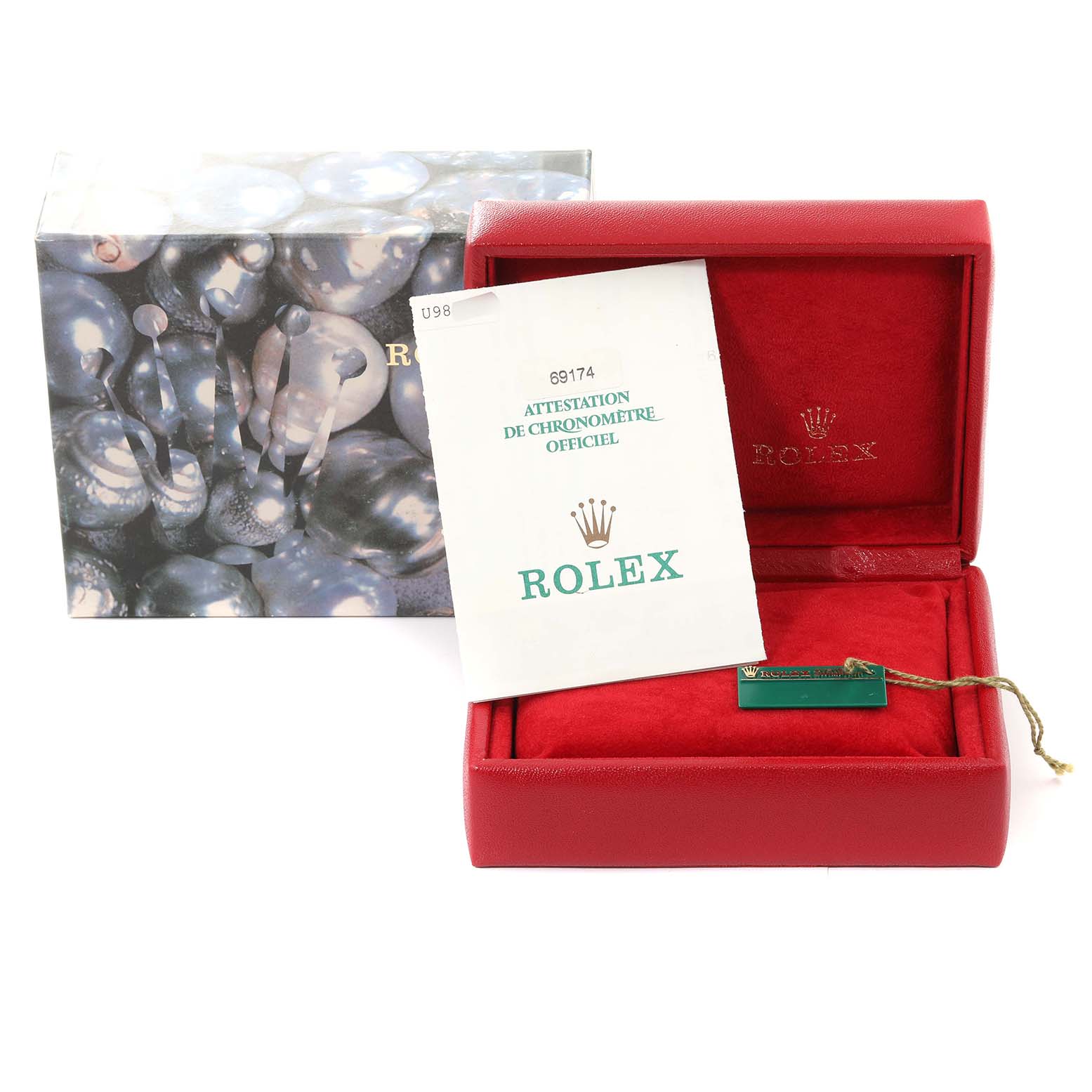 The image shows the packaging, warranty card, and tag for a Rolex Datejust 69174 Women's Stainless Steel White Dial 69174 Women's Stainless Steel White Dial model, including a decorative box and red watch case.