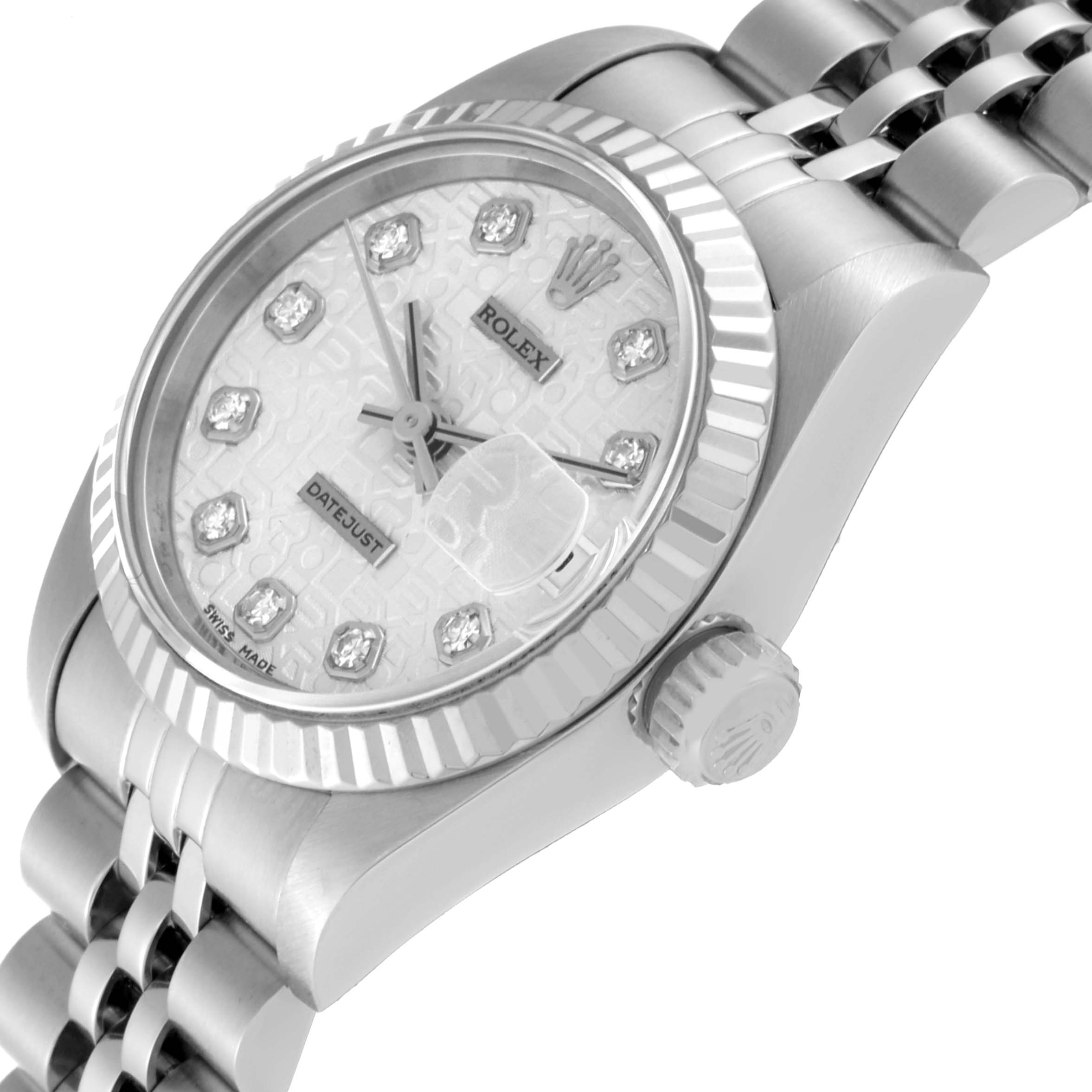 This image shows a close-up angle of a Rolex Datejust 69174 Women's Stainless Steel White Dial 69174 Women's Stainless Steel White Dial watch highlighting the case, dial, crown, and part of the bracelet.