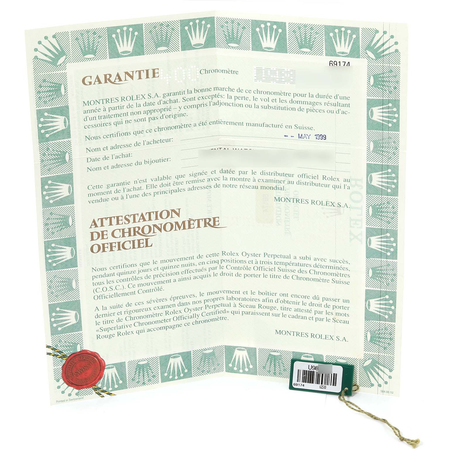 The image shows a Rolex Datejust 69174 Women's Stainless Steel White Dial 69174 Women's Stainless Steel White Dial warranty certificate and chronometer certification document with a green tag.