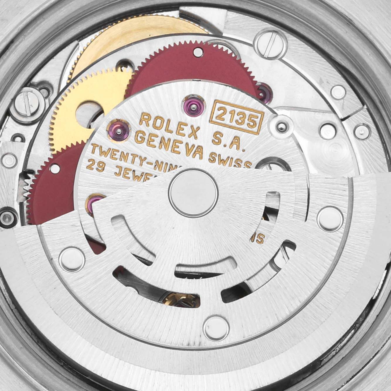 This image shows a close-up of the movement mechanism inside a Rolex Datejust 69174 Women's Stainless Steel White Dial 69174 Women's Stainless Steel White Dial.