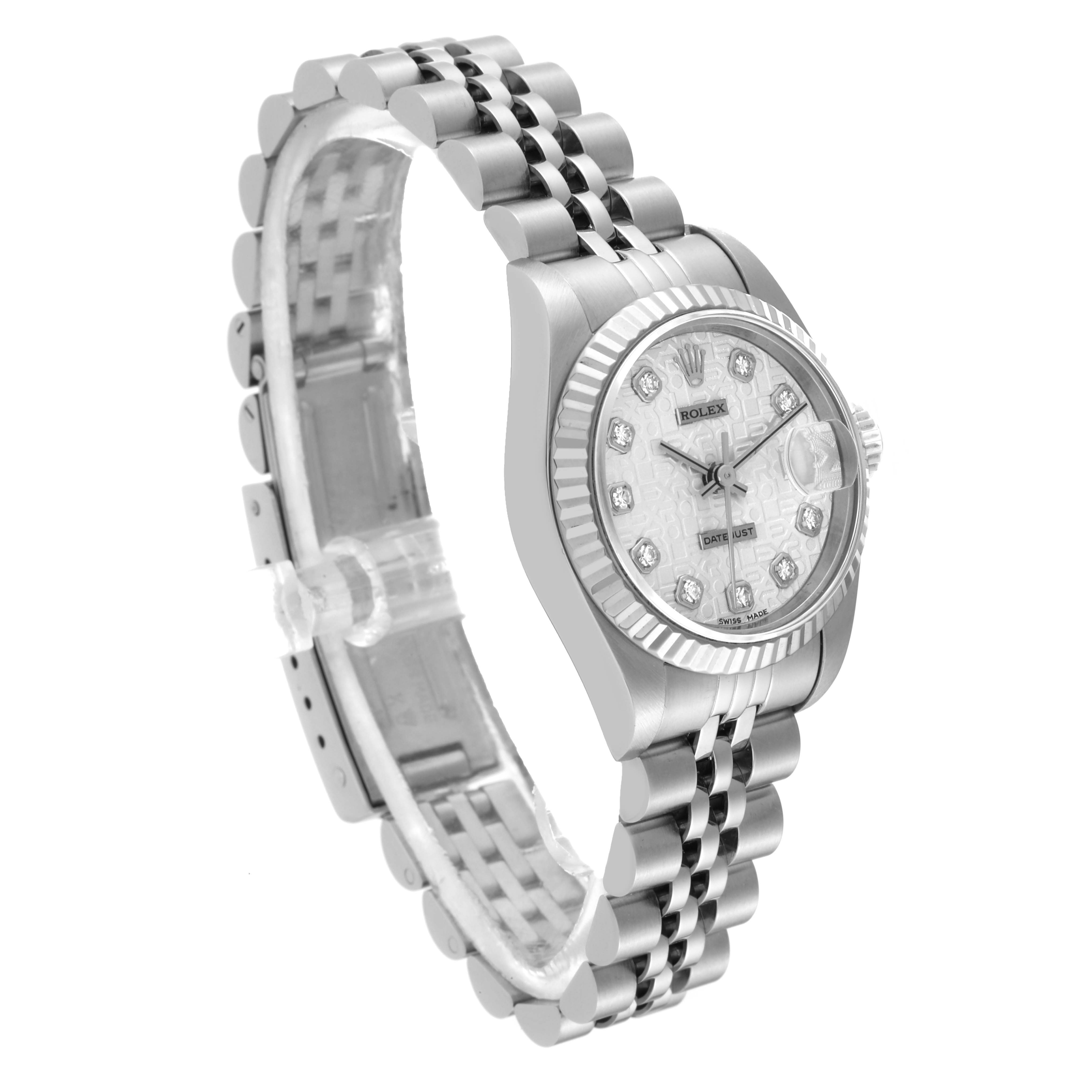 The image shows a side angle of a Rolex Datejust 69174 Women's Stainless Steel White Dial 69174 Women's Stainless Steel White Dial watch, highlighting the bracelet and face with diamond hour markers.