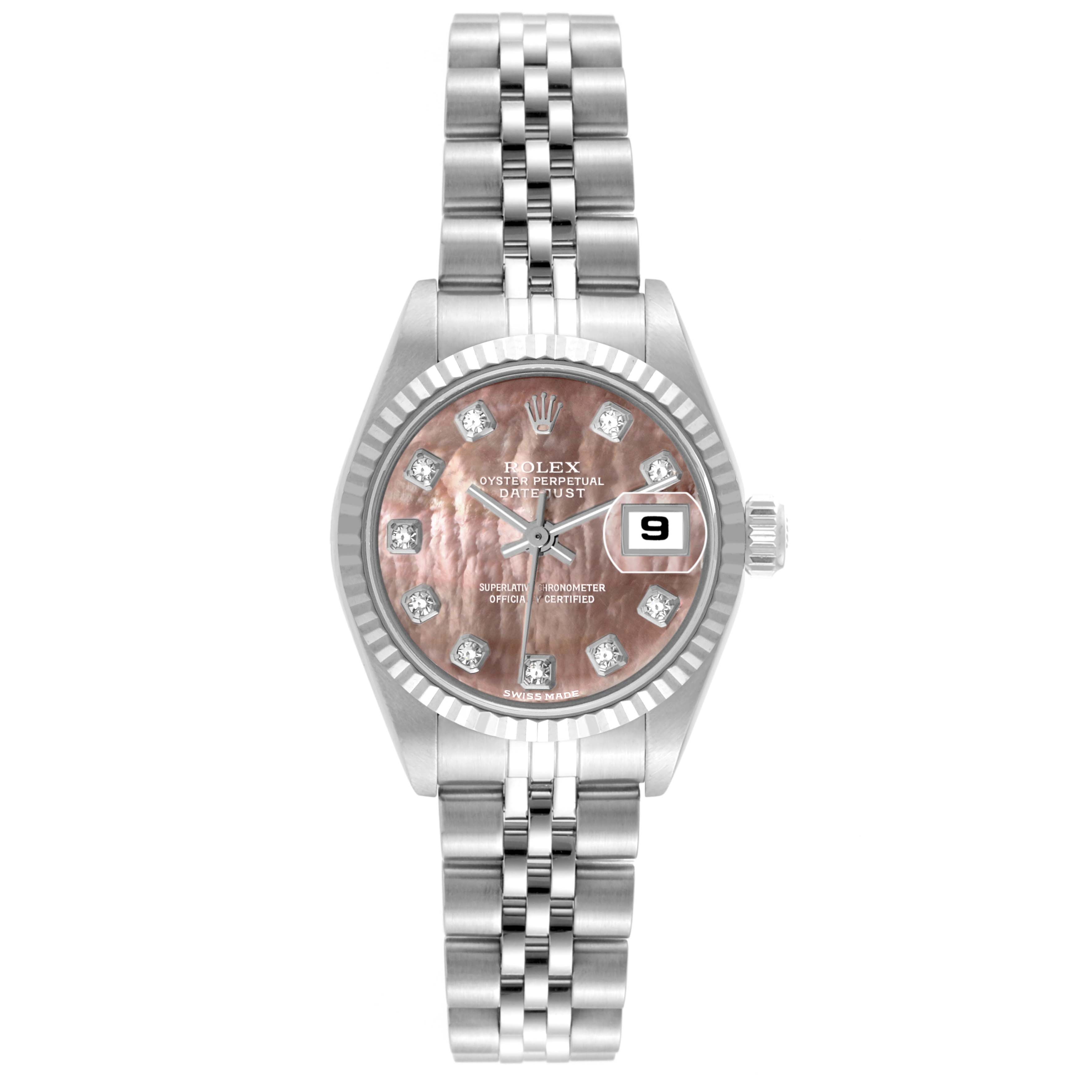 This image shows a front view of a Rolex Datejust 79174 Women's Stainless Steel Mother of Pearl Dial 79174 Women's Stainless Steel Mother of Pearl Dial watch with a pink dial, jubilee bracelet, and date display.