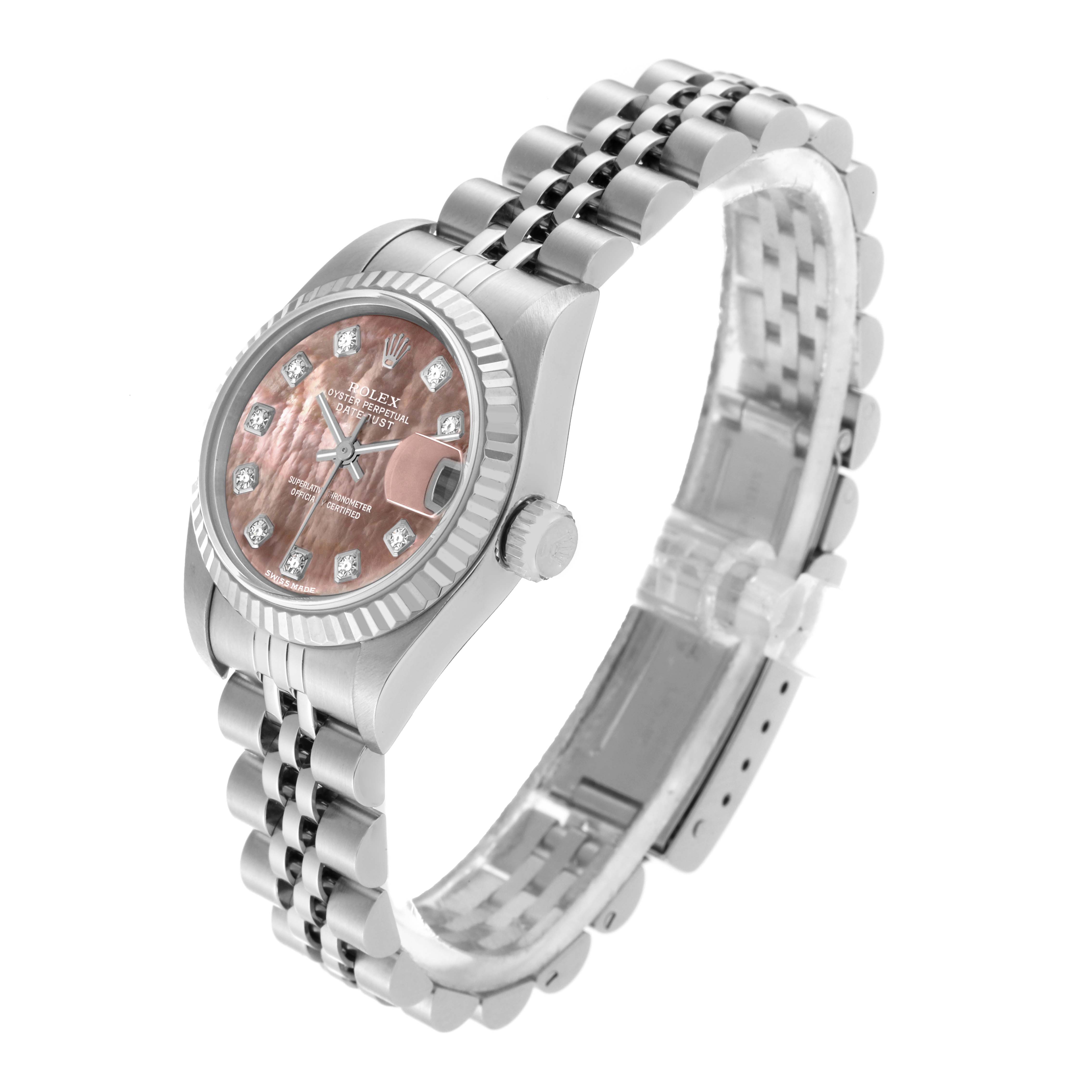 This Rolex Datejust 79174 Women's Stainless Steel Mother of Pearl Dial 79174 Women's Stainless Steel Mother of Pearl Dial watch is shown at a three-quarter angle displaying the dial, crown, and Jubilee bracelet.