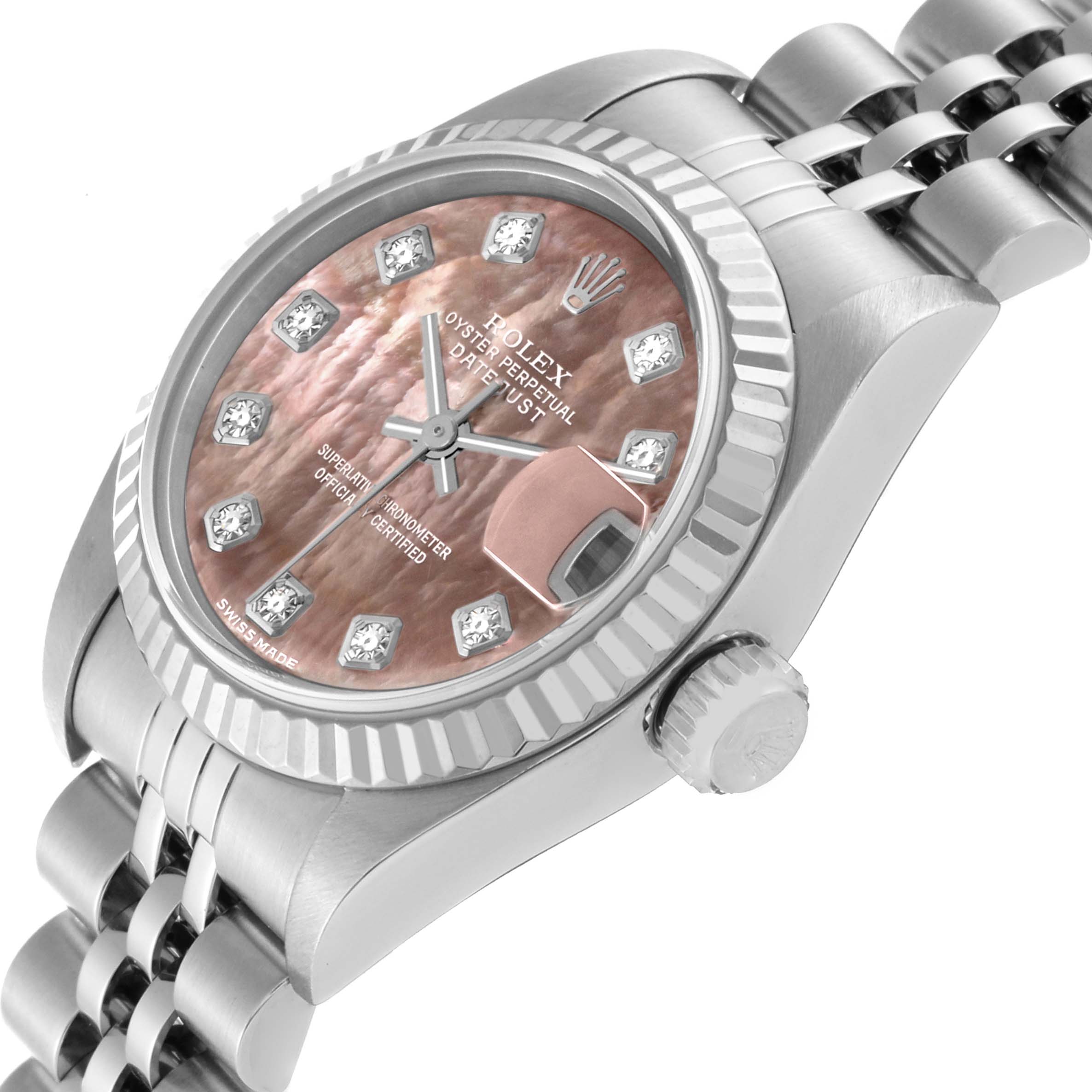 The image shows a side-angle view of a Rolex Datejust 79174 Women's Stainless Steel Mother of Pearl Dial 79174 Women's Stainless Steel Mother of Pearl Dial watch, highlighting its bezel, crown, and Jubilee bracelet.