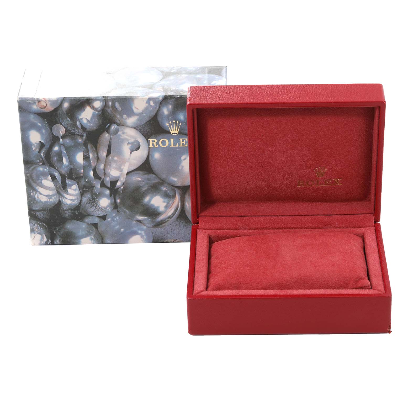 A Rolex Datejust 79174 Women's Stainless Steel Mother of Pearl Dial 79174 Women's Stainless Steel Mother of Pearl Dial watch box and outer packaging are shown from the front, with the box open and empty.