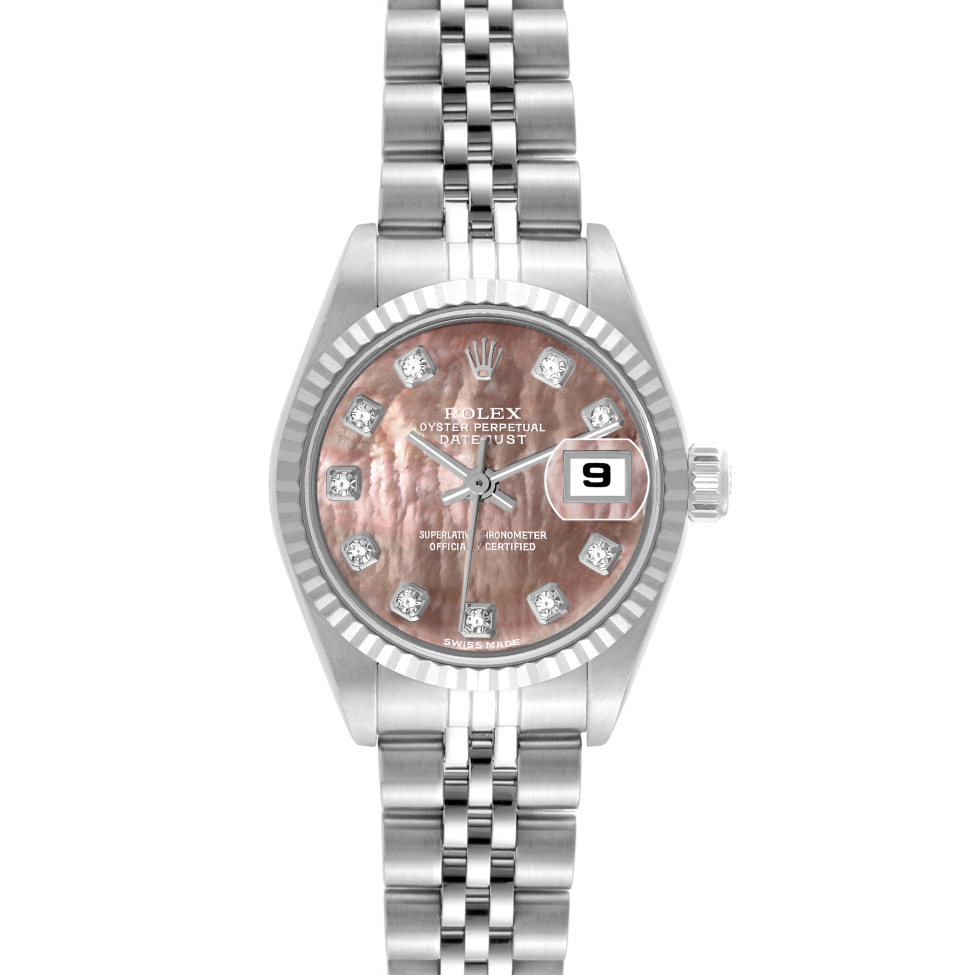 The image shows a front view of the Rolex Datejust 79174 Women's Stainless Steel Mother of Pearl Dial 79174 Women's Stainless Steel Mother of Pearl Dial watch, displaying its dial, bezel, and bracelet.